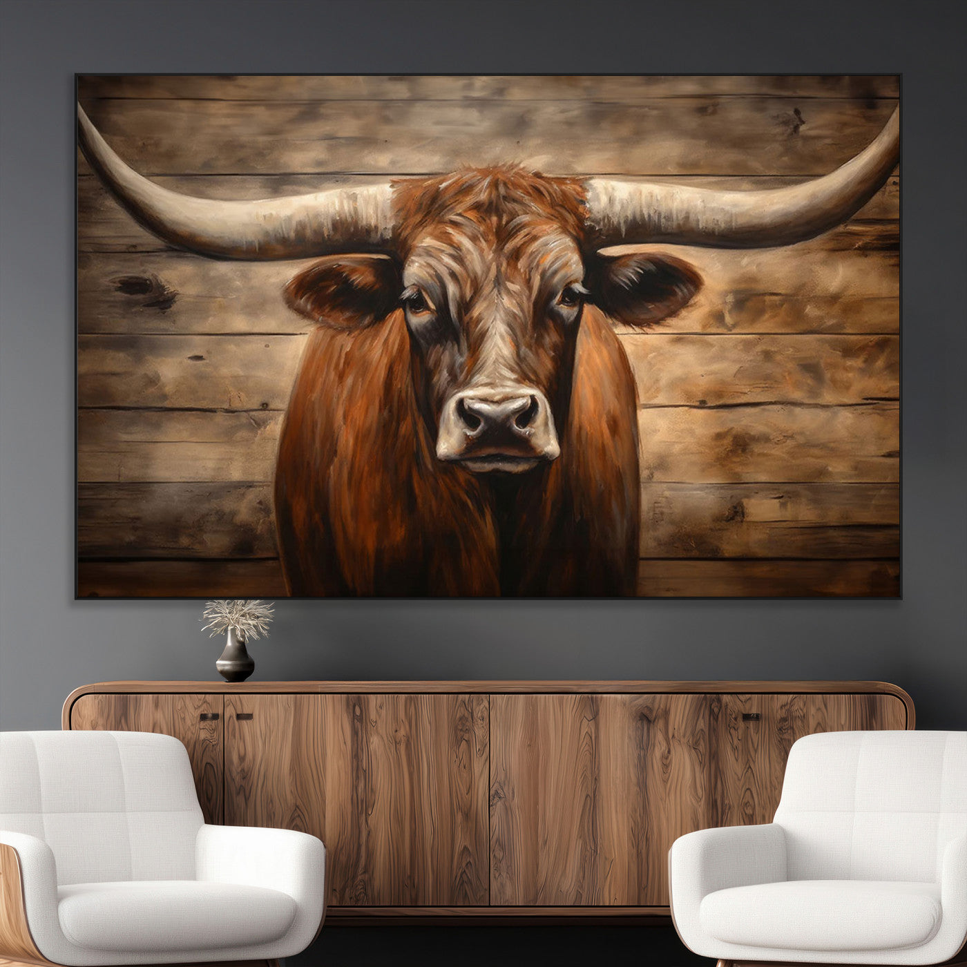 77556-MGV-CV-36X24-Longhorn Bull Wall Art | Canvas Print | Ready to Hang | Rustic Farmhouse Wall Decor | Western Barn