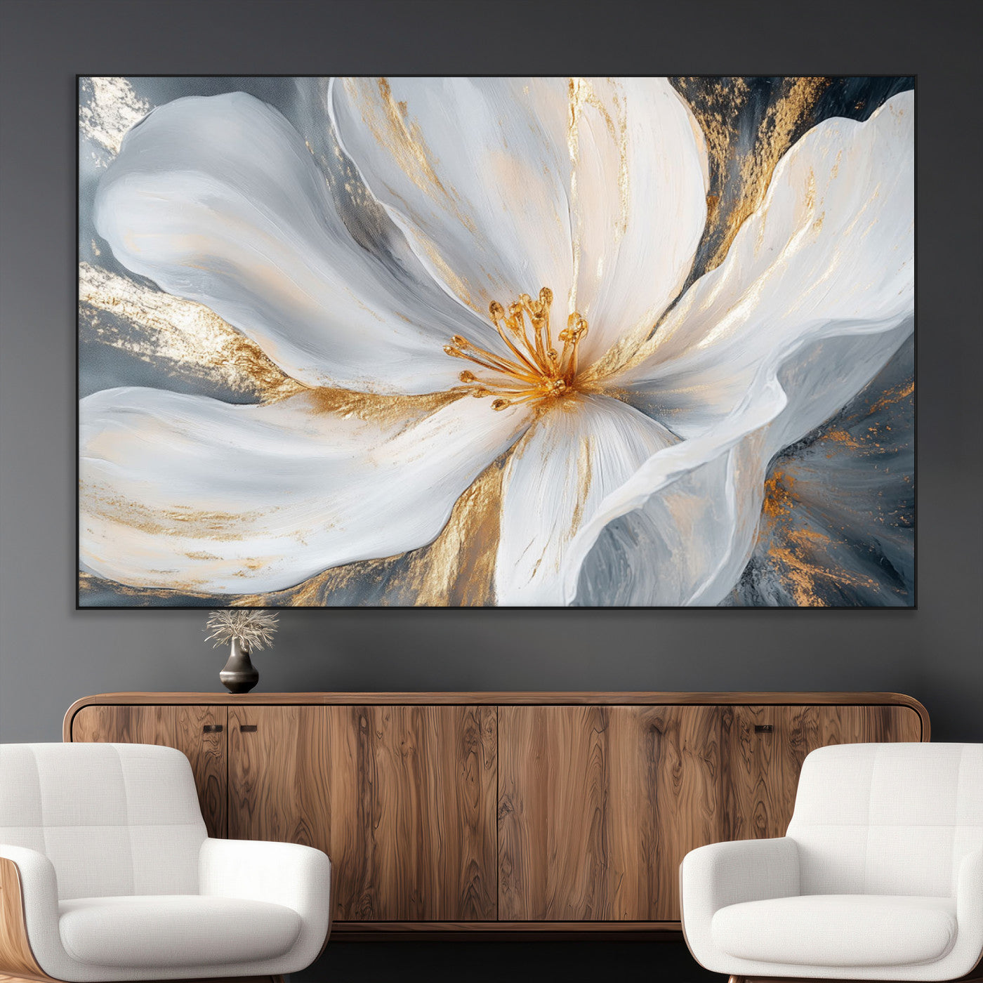 SEG-FC-51X34_Oversize - White and Gold Floral Canvas Wall Art - Framed and Ready to Hang - Perfect for Modern Living Rooms