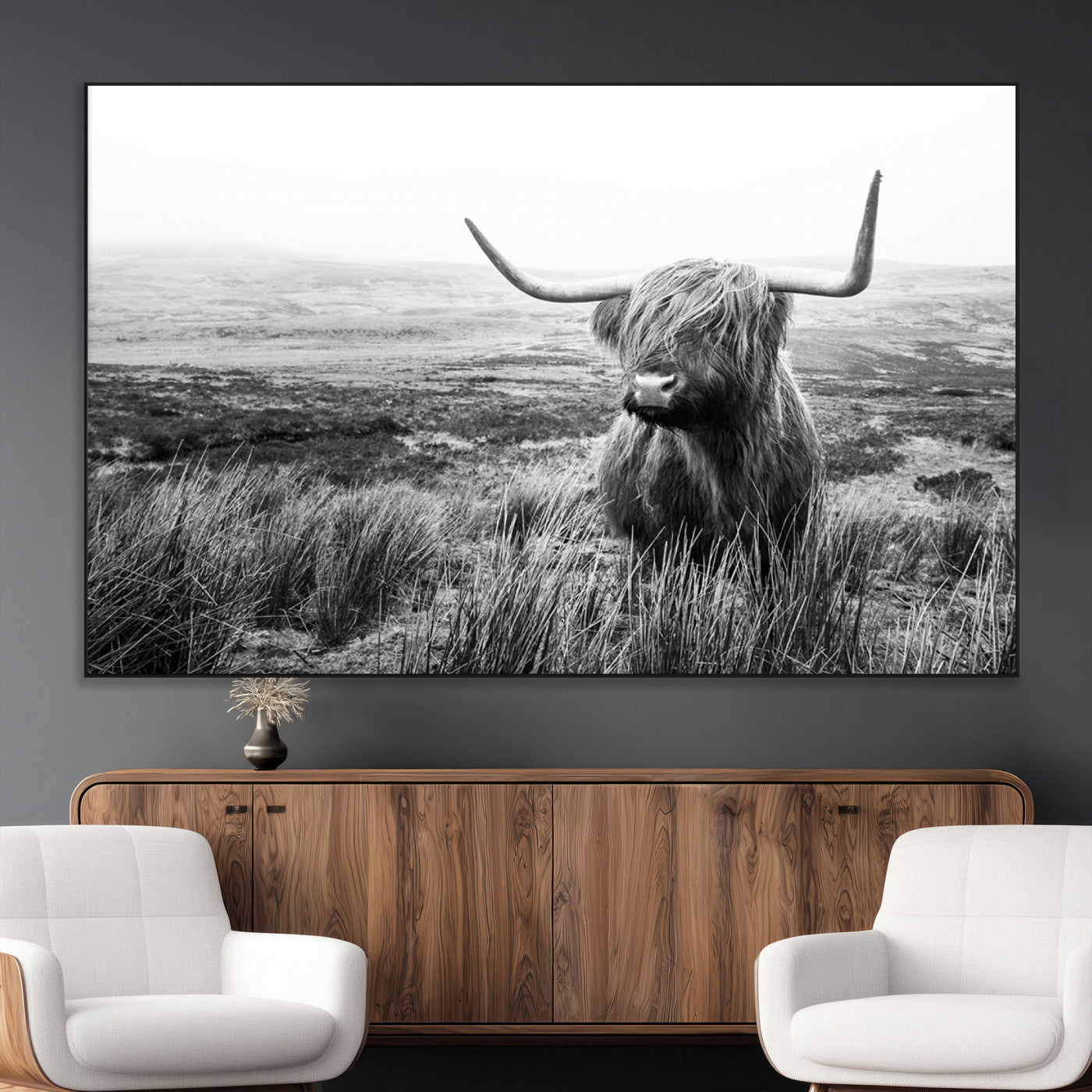 SEG-FC-51X34_Oversize - Scottish Highland Cow Wall Art | Black and White Canvas Print | Ready to Hang and Framed | Rustic