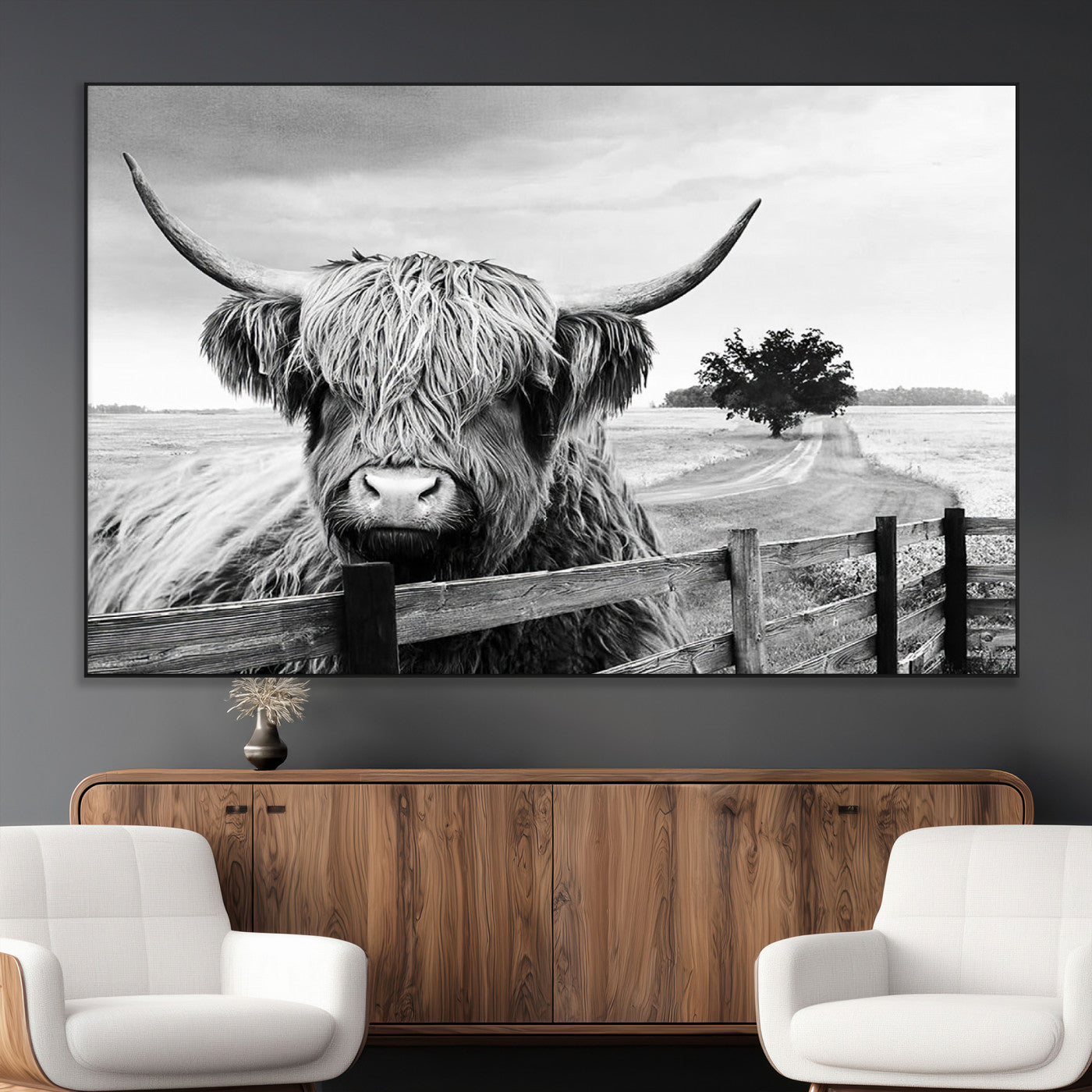 SEG-FC-51X34_Oversize - Scottish Highland Cow Wall Art | Rustic Farmhouse Décor | Black and White Ready to Hang Canvas Print