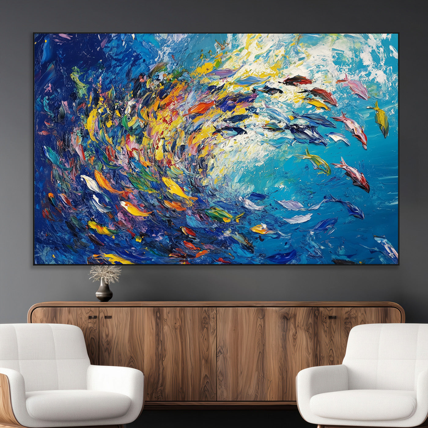 SEG-FC-51X34_Oversize - Colorful Swirling Fish School Wall Art Canvas Print | Oceanic Abstract Painting | Ready to Hang |