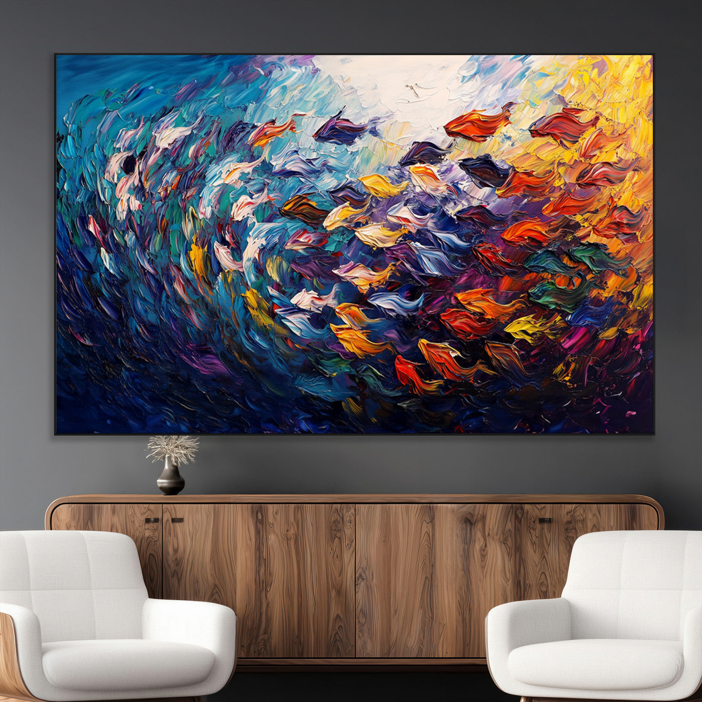 SEG-FC-51X34_Oversize - Vibrant Abstract Fish Swarm Art – Colorful Fish Inspired 3-Piece Canvas Wall Art for Living Room or