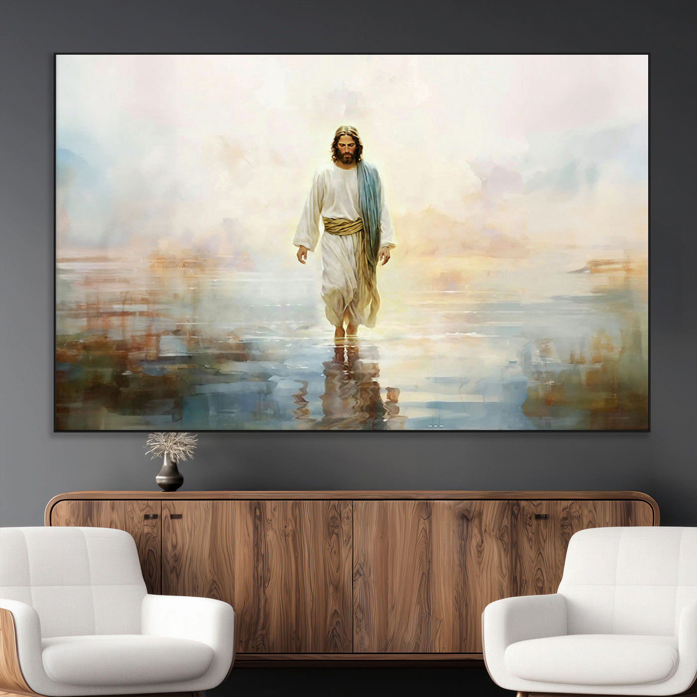 SEG-FC-51X34_Oversize - Framed Jesus Walking on Water Wall Art - 3-Panel Christian Canvas Prints, Religious Artwork for