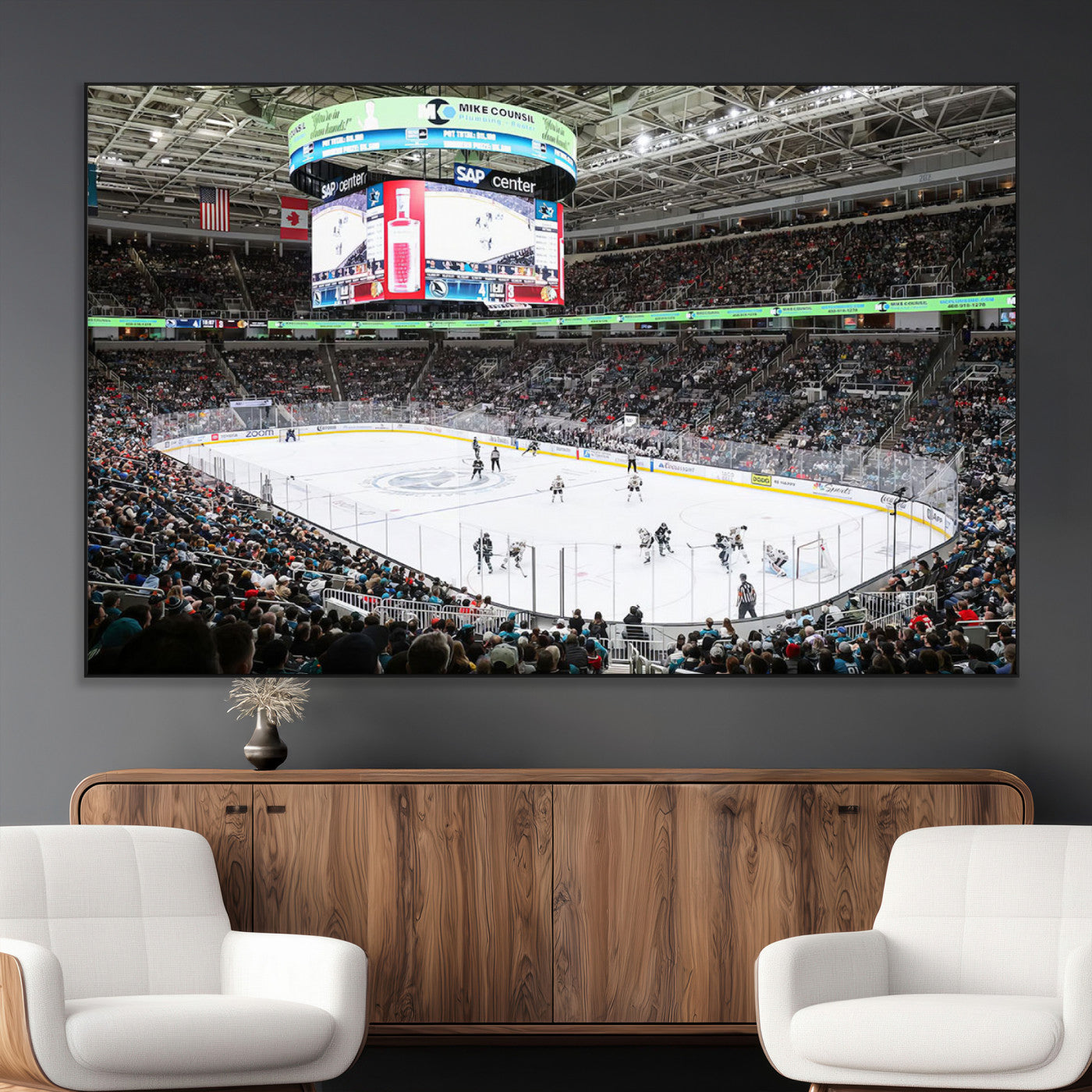 SEG-FC-51X34_Oversize - Sharks Arena Blackhawks Sharks Ice Hockey Stadium Wall Art Canvas Print, Framed Blackhawks Sharks