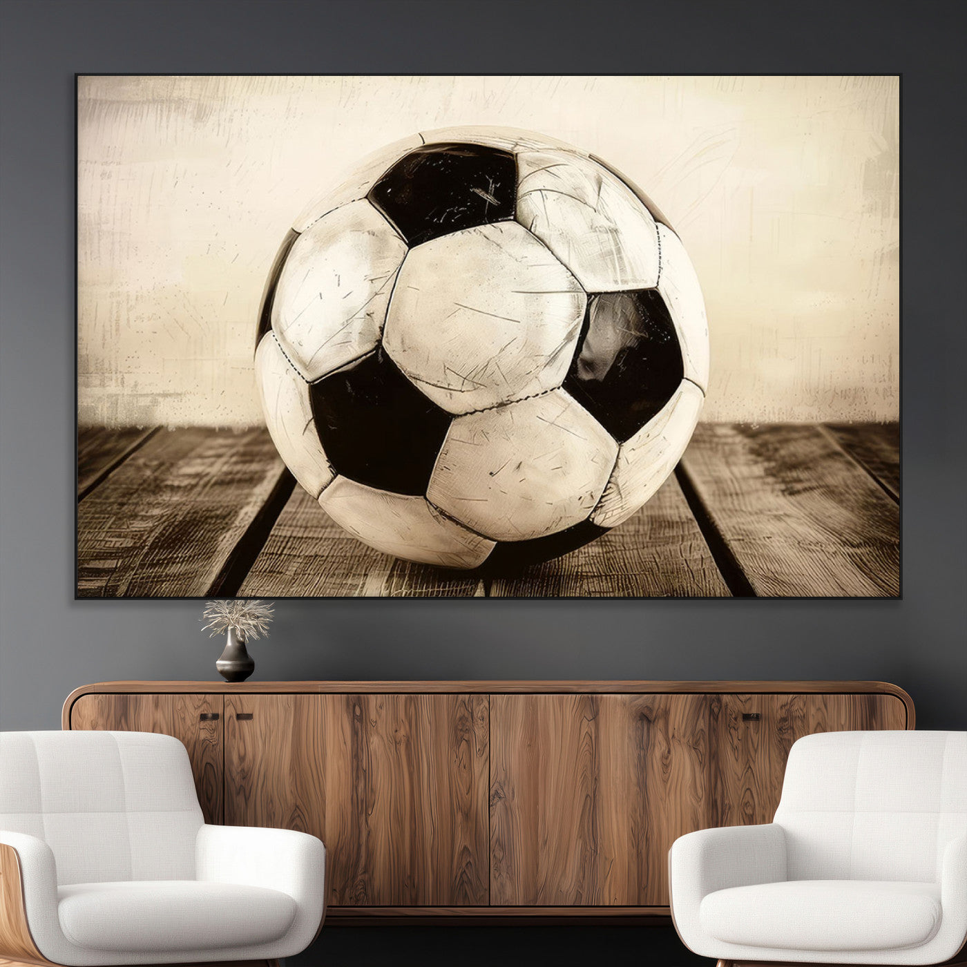SEG-FC-51X34_Oversize - Vintage Soccer Ball Wall Decor Canvas Art – 3-Panel Soccer Wall Decor, Framed and Ready to Hang