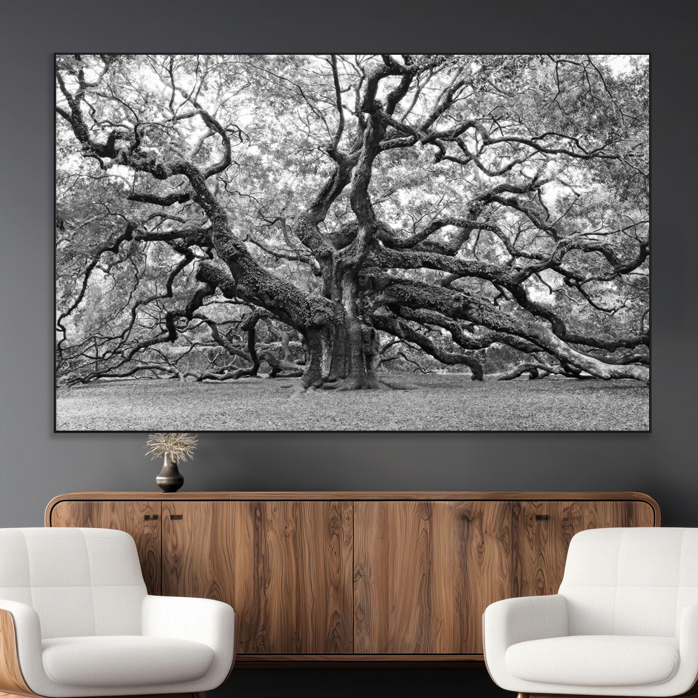 SEG-FC-51X34_Oversize - Black White Angel Oak Tree Wall Art - Timeless Nature-Inspired Canvas for Rustic, Modern, or