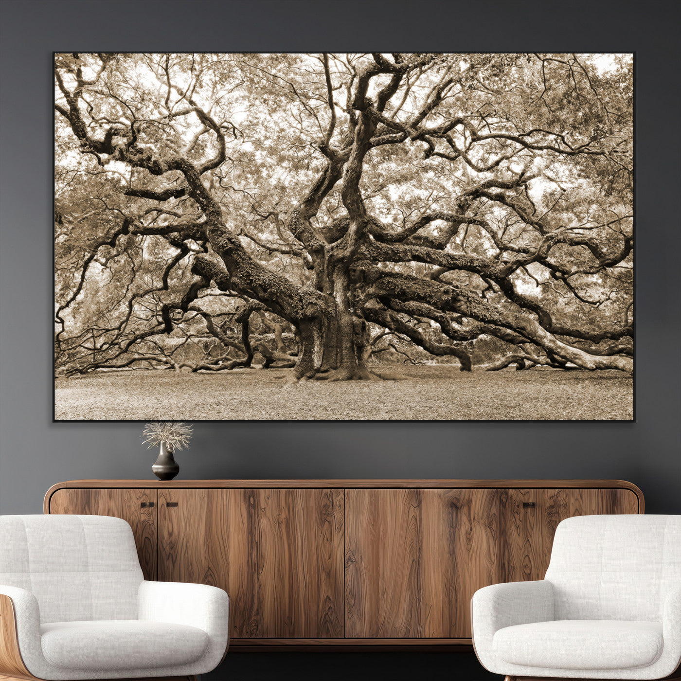 51126-MGV-CV-36X24-Sepia Framed Angel Oak Tree Wall Art - 3-Panel Canvas Prints, Large Green Nature Artwork, Ready to