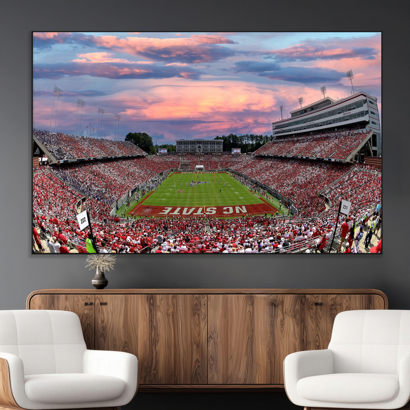 SEG-FC-51X34_Oversize - Carter-Finley Stadium Art Sunset Game Triple Canvas Wall Art - NC State Wolfpack Football Match