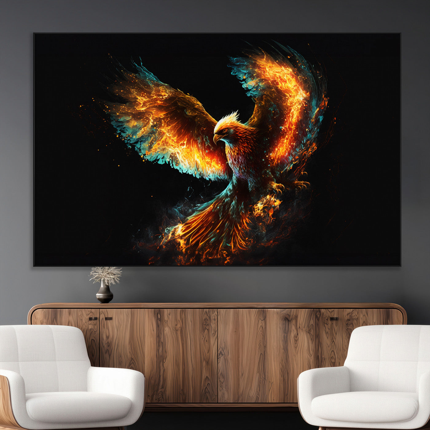 SEG-FC-51X34_Oversize - Fiery Phoenix Canvas Print | Ready to Hang Wall Art | Bold Fantasy Decor for Living Room | Majestic