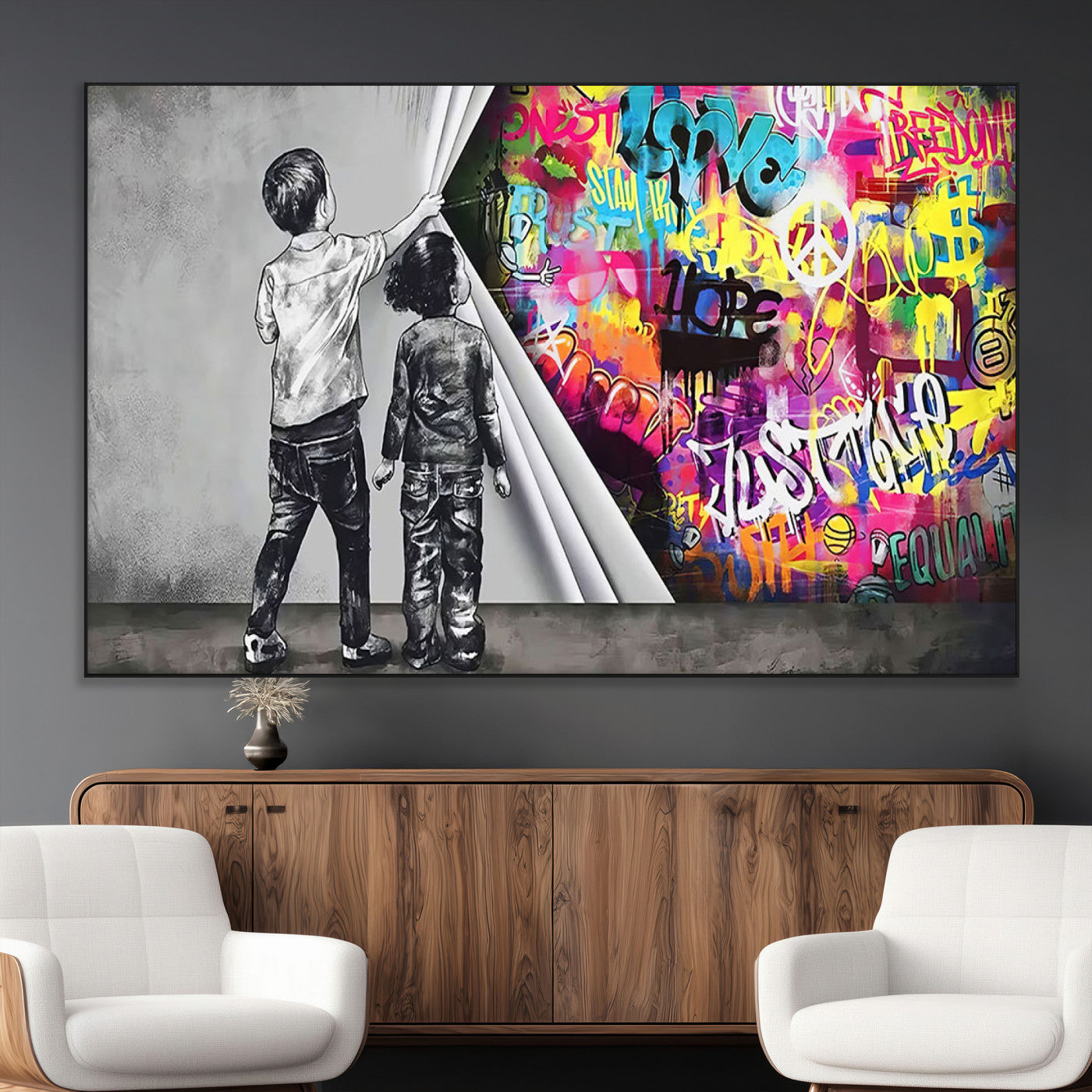 SEG-FC-51X34_Oversize - Banksy Print - Street Art Canvas Wall Art - Kids Revealing Graffiti, Urban Modern Decor for Living
