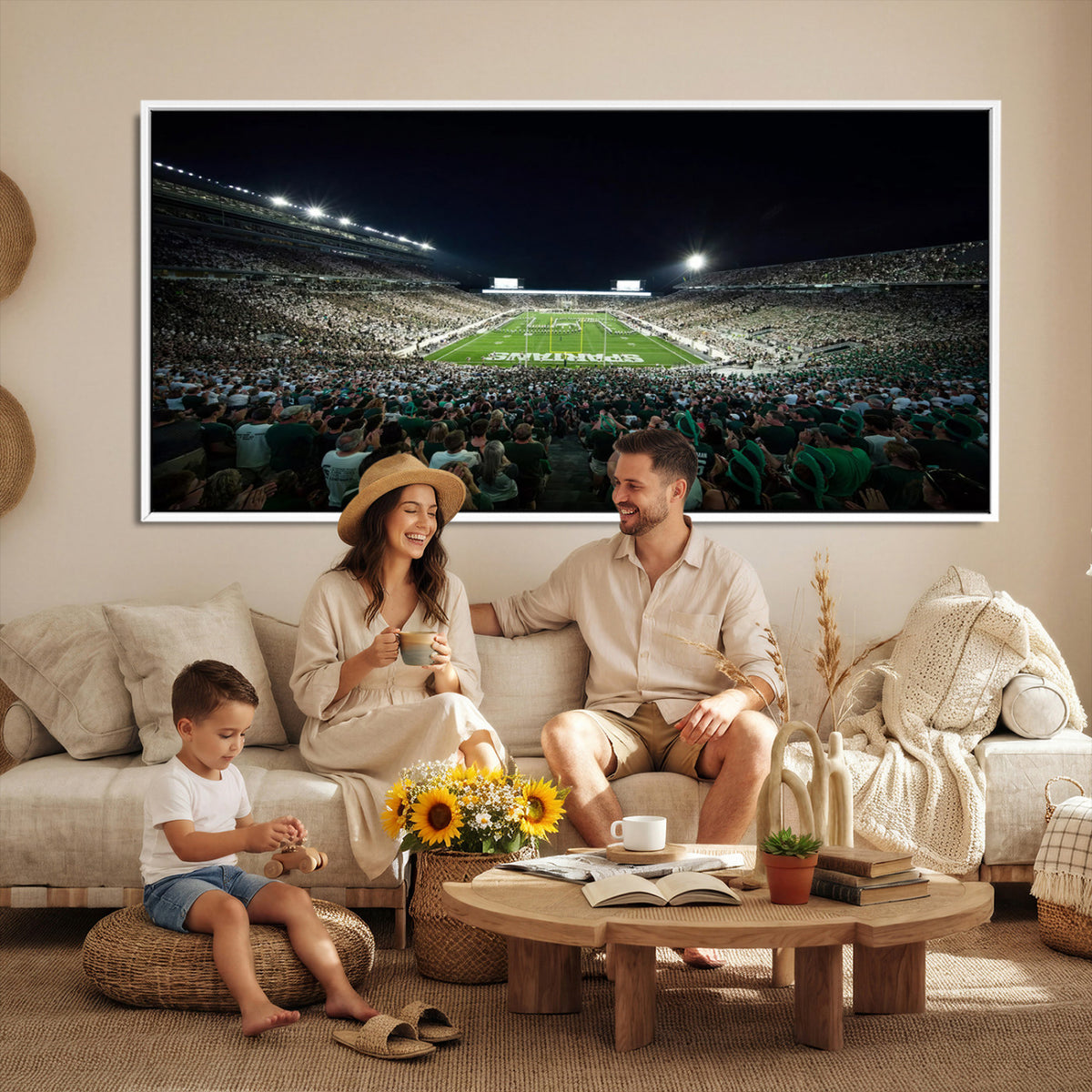 57523-PAN-FL-20X10 - Framed Michigan State Spartans Football Team Print - East Lansing Spartan Stadium Wall Art Canvas