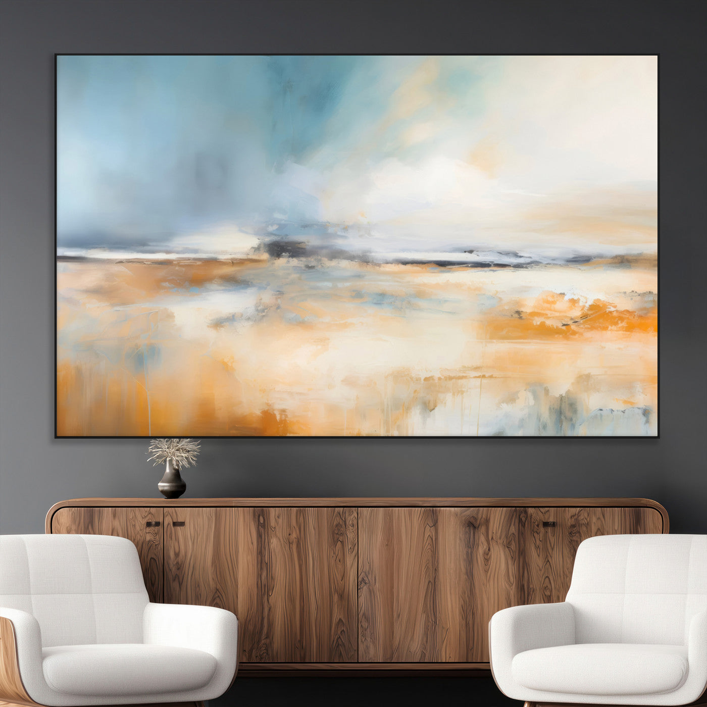 -Abstract Landscape Wall Art Canvas Print - Warm Tones of Orange and Blue, Modern Framed Art for Home