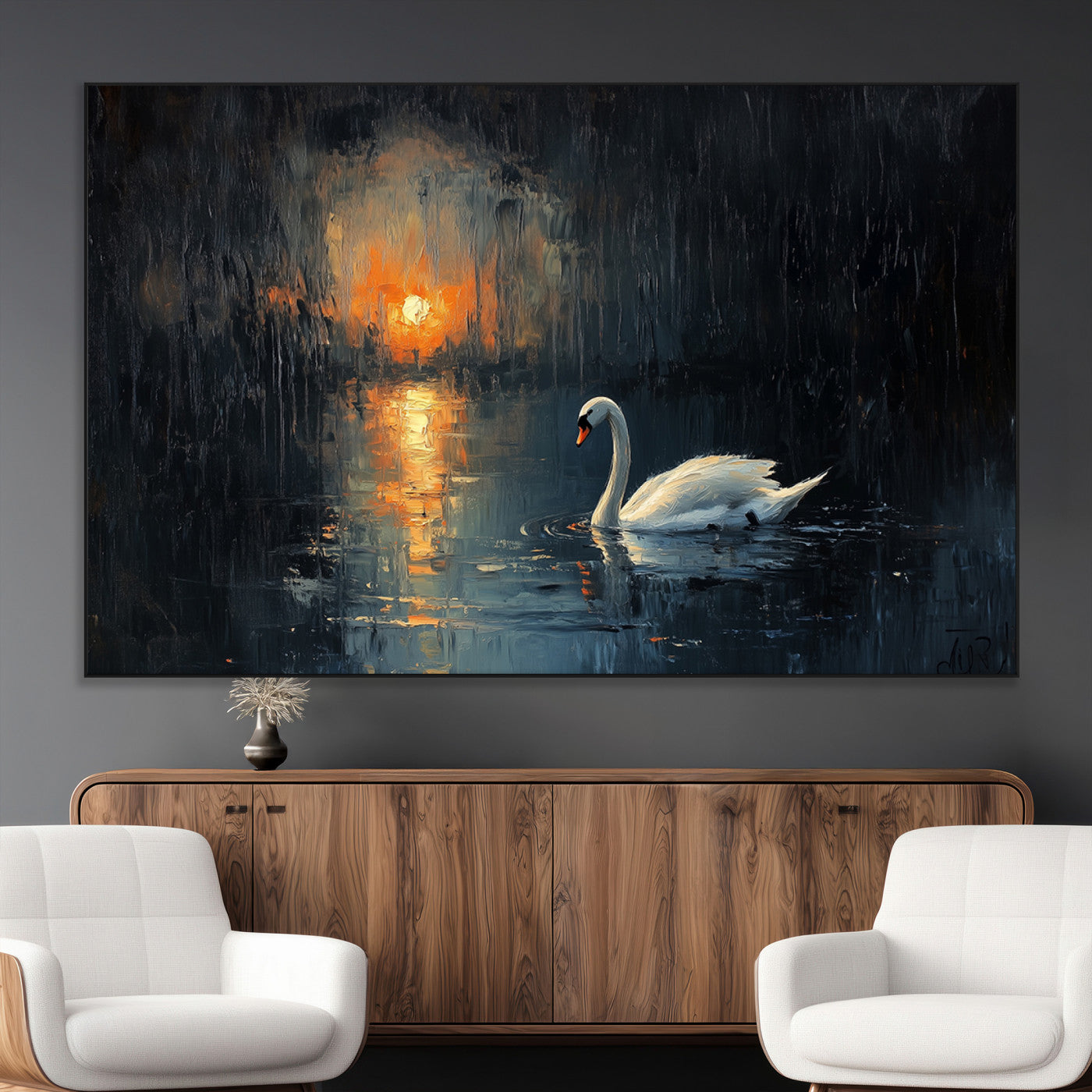 SEG-FC-51X34_Oversize - Abstract Swan on Water Wall Art Canvas Print - Elegant Nature Scene for Modern Home Decor