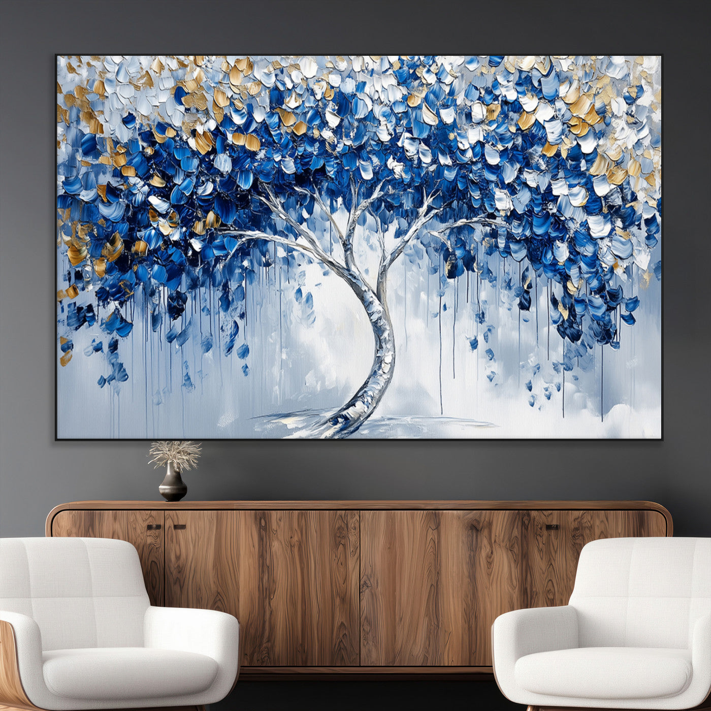 SEG-FC-51X34_Oversize - Blue and Gold Abstract Tree Wall Art Canvas Print | Modern Tree of Life Painting | Framed Canvas