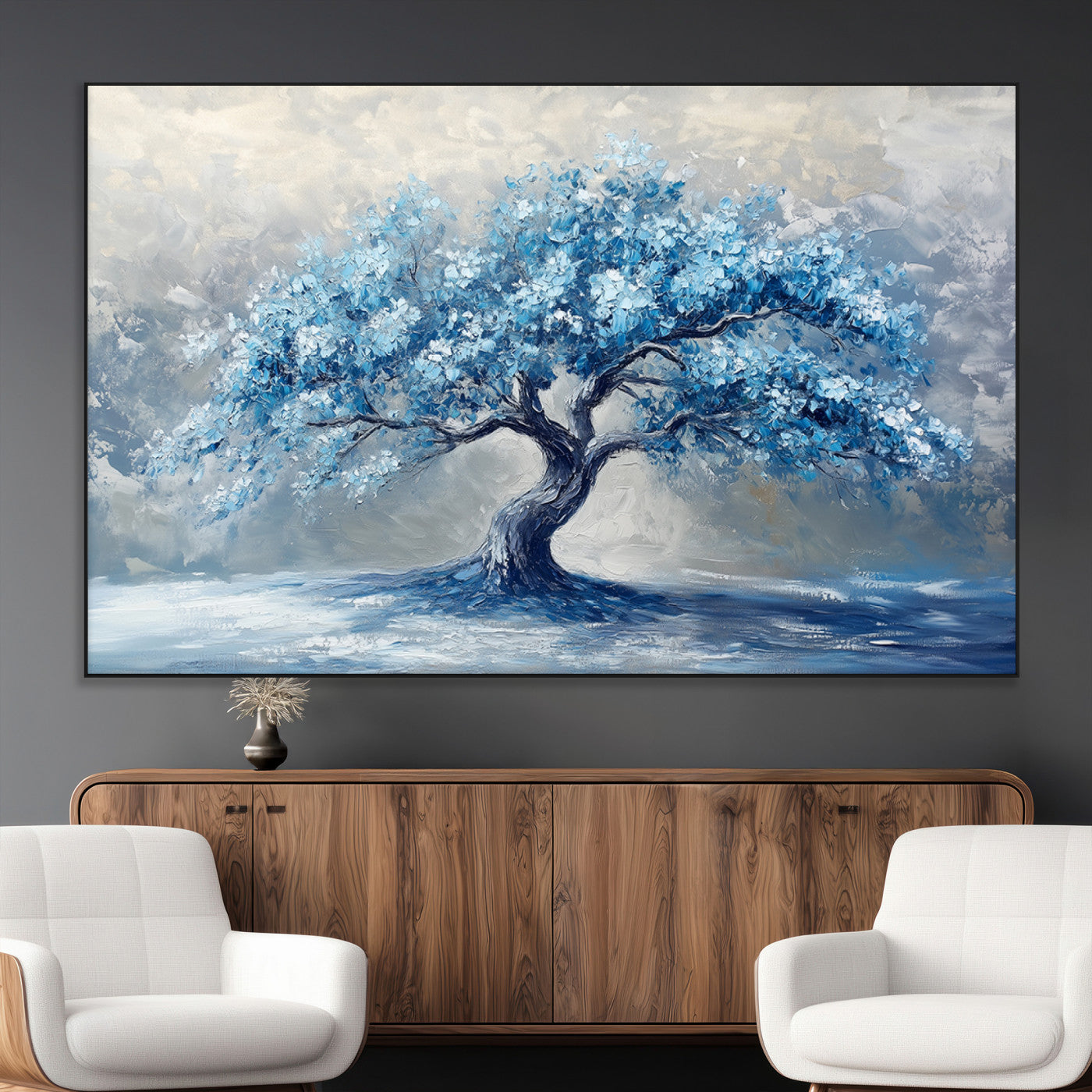 SEG-FC-51X34_Oversize - Abstract Blue Tree Art Canvas Print, Majestic Tree Wall Art Print for Farmhouse Decor