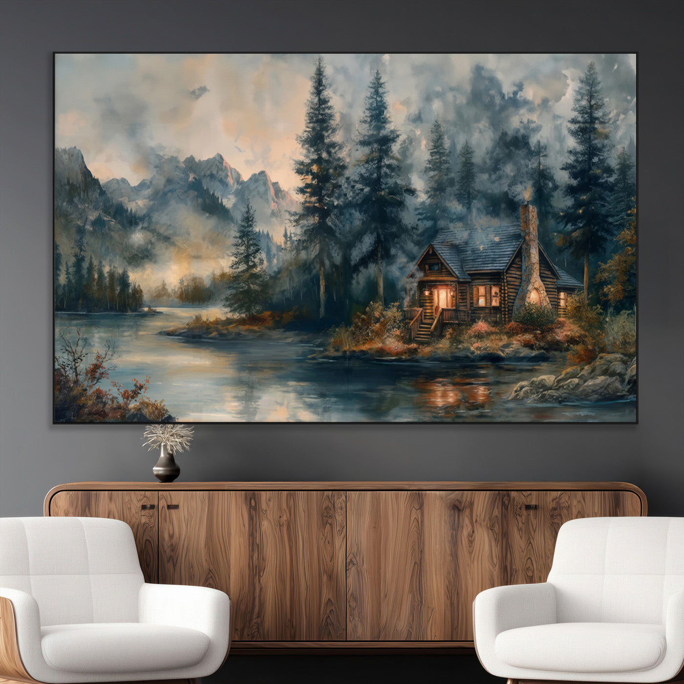 SEG-FC-51X34_Oversize - Rustic Cabin Woods Wall Art Print | Lake in a Forest Canvas Print | Cabin, Lodge, and Farmhouse