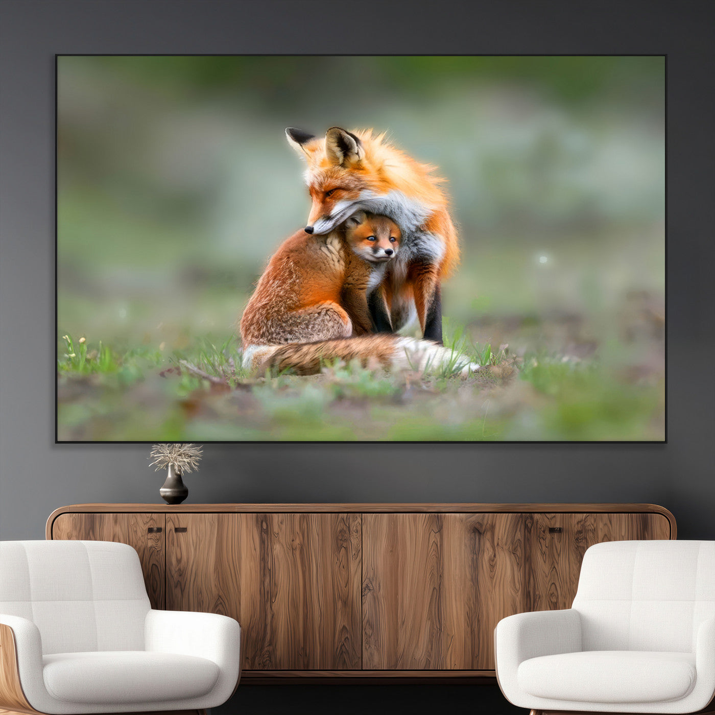 SEG-FC-51X34_Oversize - Heartwarming Fox and Baby Cub Wall Art | Ready to Hang Canvas Print of Foxes in Nature | Perfect for