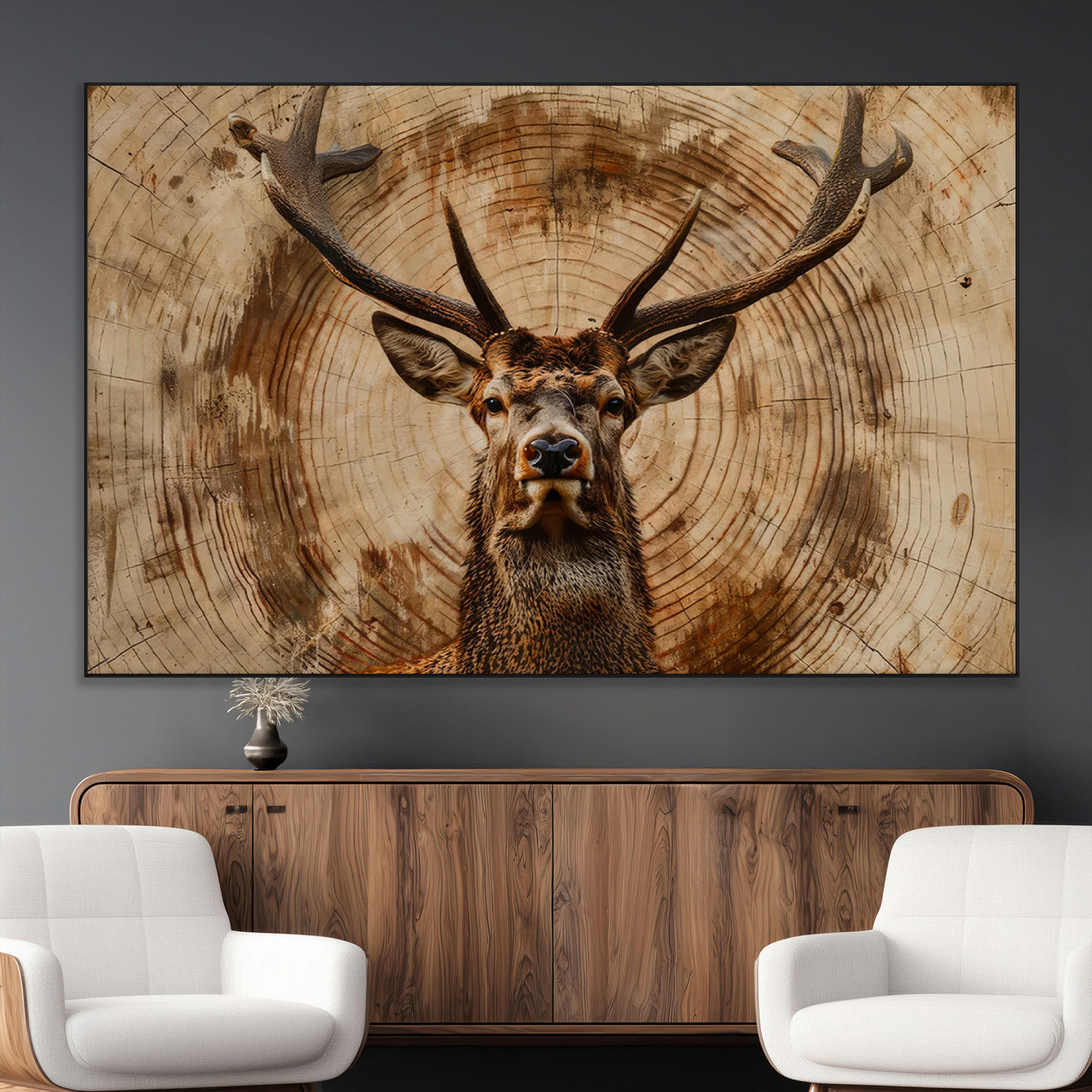 SEG-FC-51X34_Oversize - Wood Abstract Deer Wall Art | Rustic Wildlife Canvas Print | Ready to Hang Stag Head Triptych for