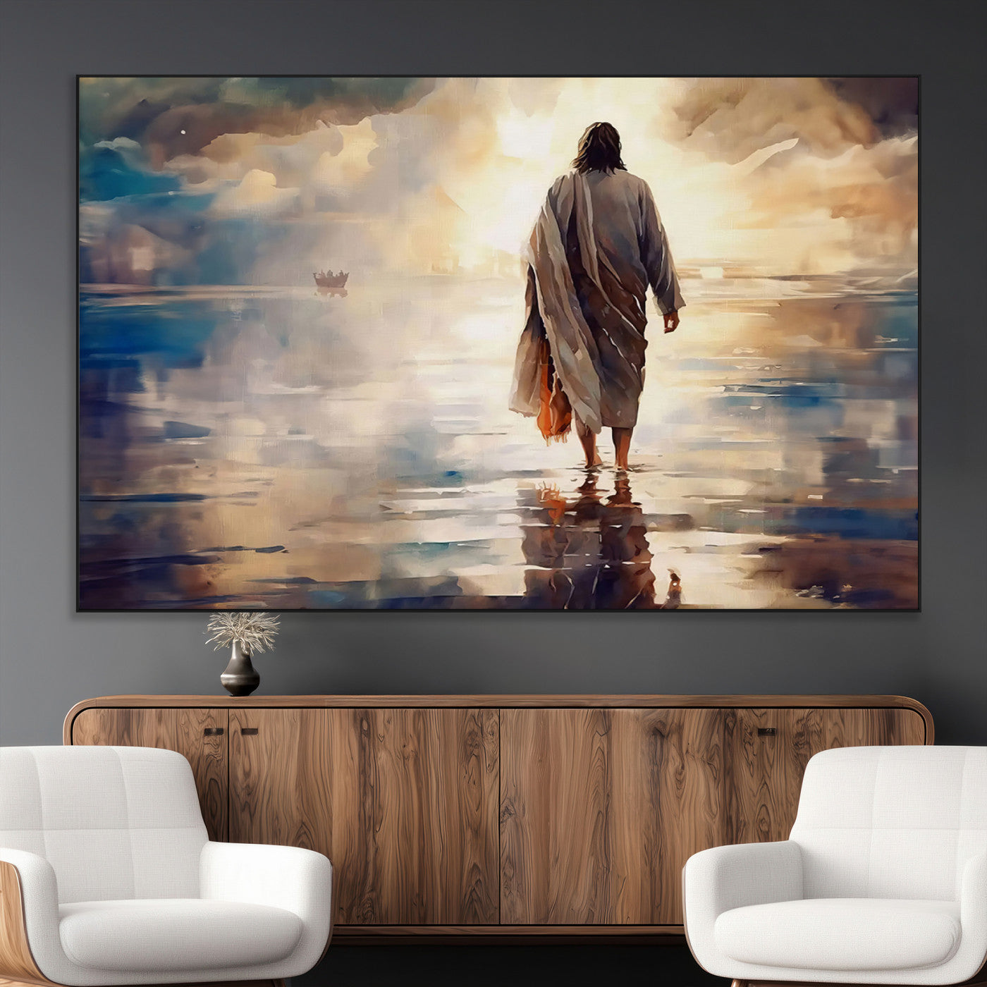 SEG-FC-51X34_Oversize - Jesus Walking on Water Wall Art | Ready to Hang Spiritual Triptych Canvas Print | Inspirational