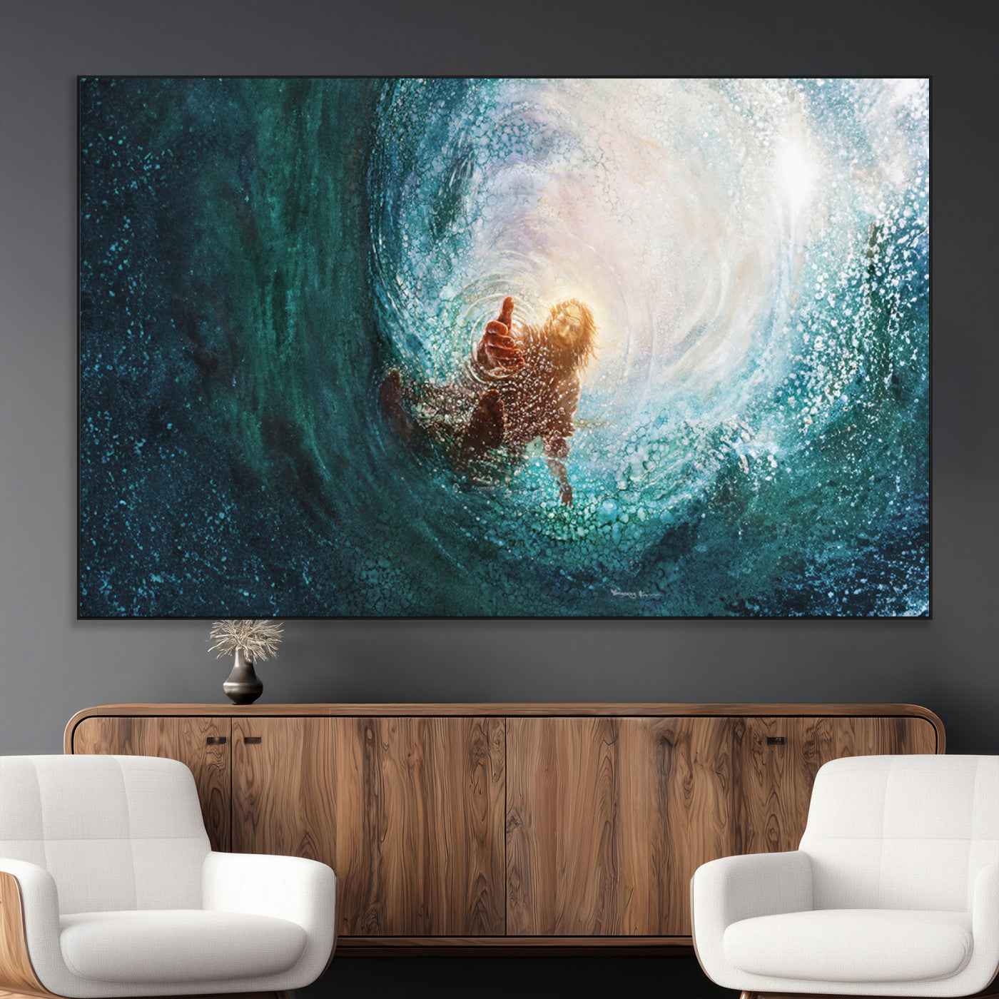SEG-FC-51X34_Oversize - Powerful Jesus Canvas Print - Hand of Salvation, Inspirational Wall Art - Framed, Ready to Hang for
