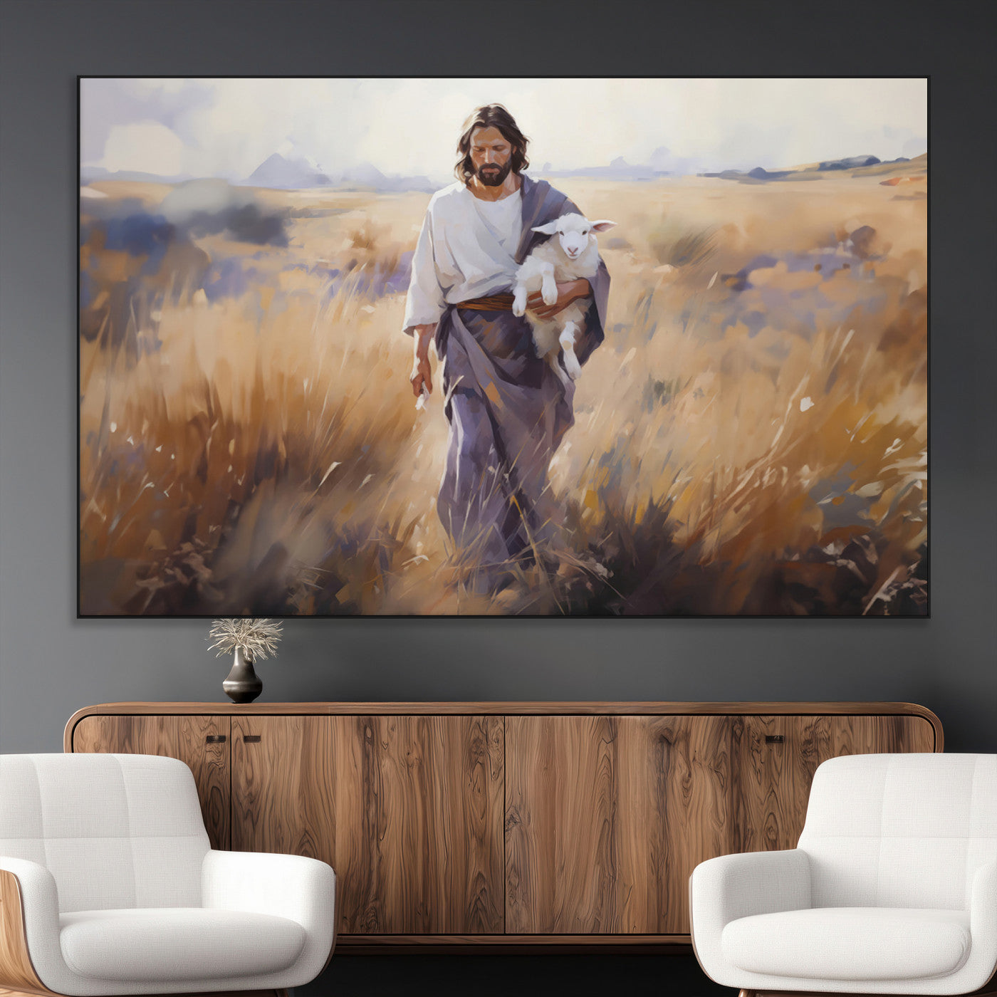 SEG-FC-51X34_Oversize - Jesus the Good Shepherd Wall Art Canvas Print - Lost Lamb Print for Prayer Room Decor