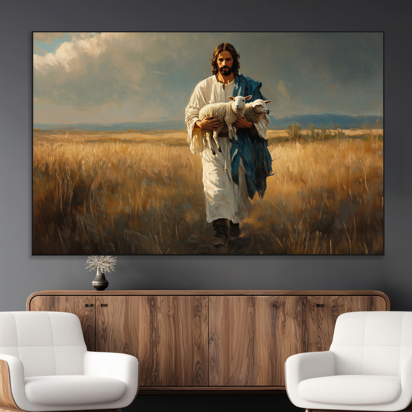 SEG-FC-51X34_Oversize - Jesus Shepherd Wall Art | Ready to Hang Triptych Canvas of Jesus Holding a Lamb in a Field |