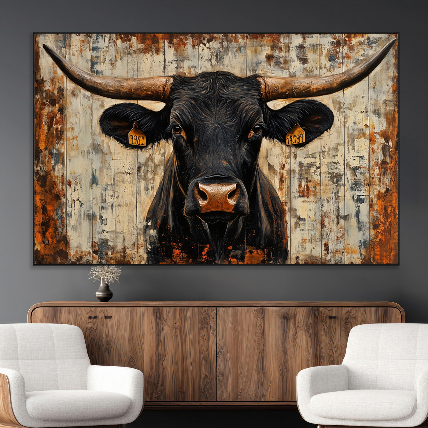 SEG-FC-51X34_Oversize - Rustic Texas Artwork Wall Art Canvas Print - Abstract Cow Longhorn Bull Wall Art Canvas Print