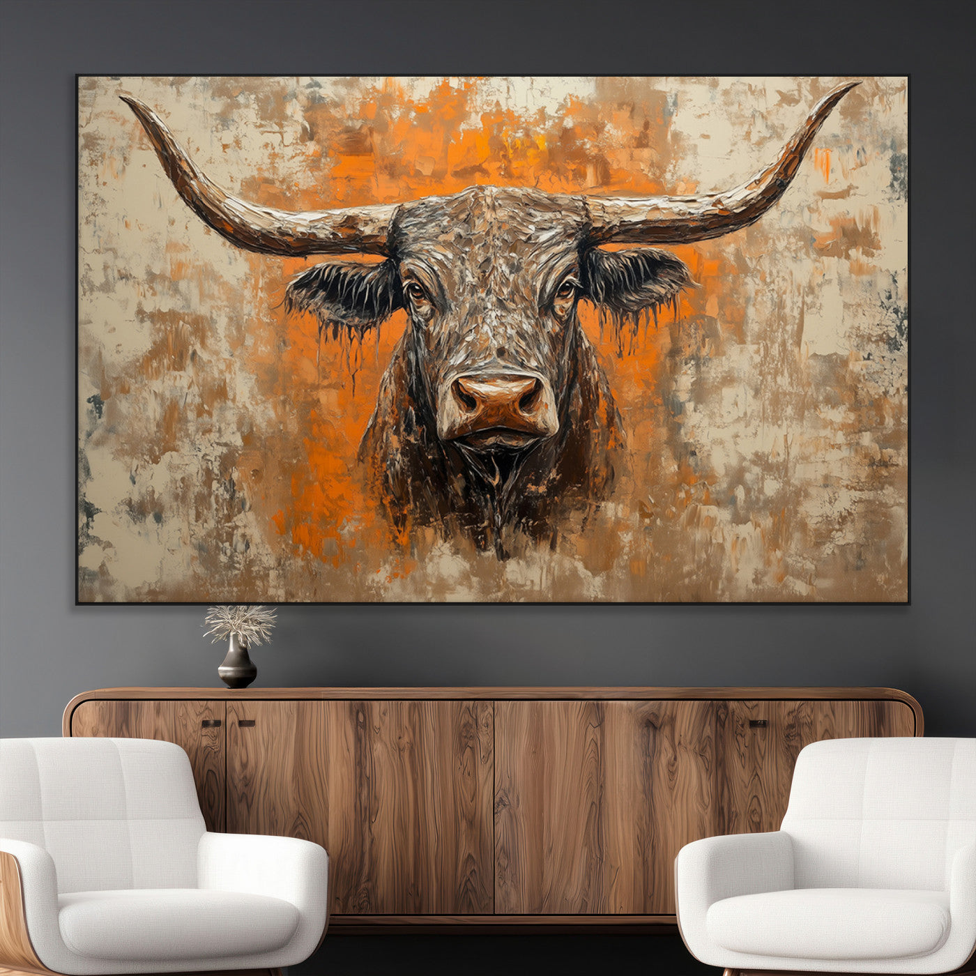 SEG-FC-51X34_Oversize - Abstract Cow Longhorn Bull Wall Art Canvas Print - Rustic Texas Western Cattle Artwork