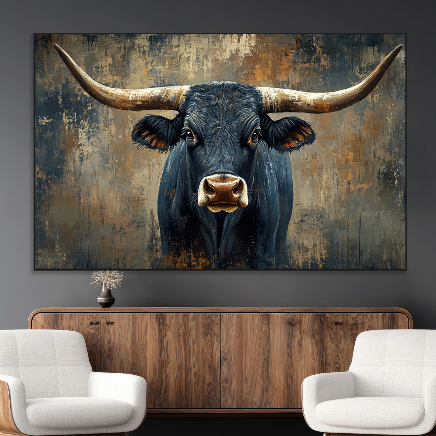 SEG-FC-51X34_Oversize - Texas Western Wall Art Canvas Print - Abstract Cow Longhorn Bull Wall Art Canvas Print - Rustic Cow
