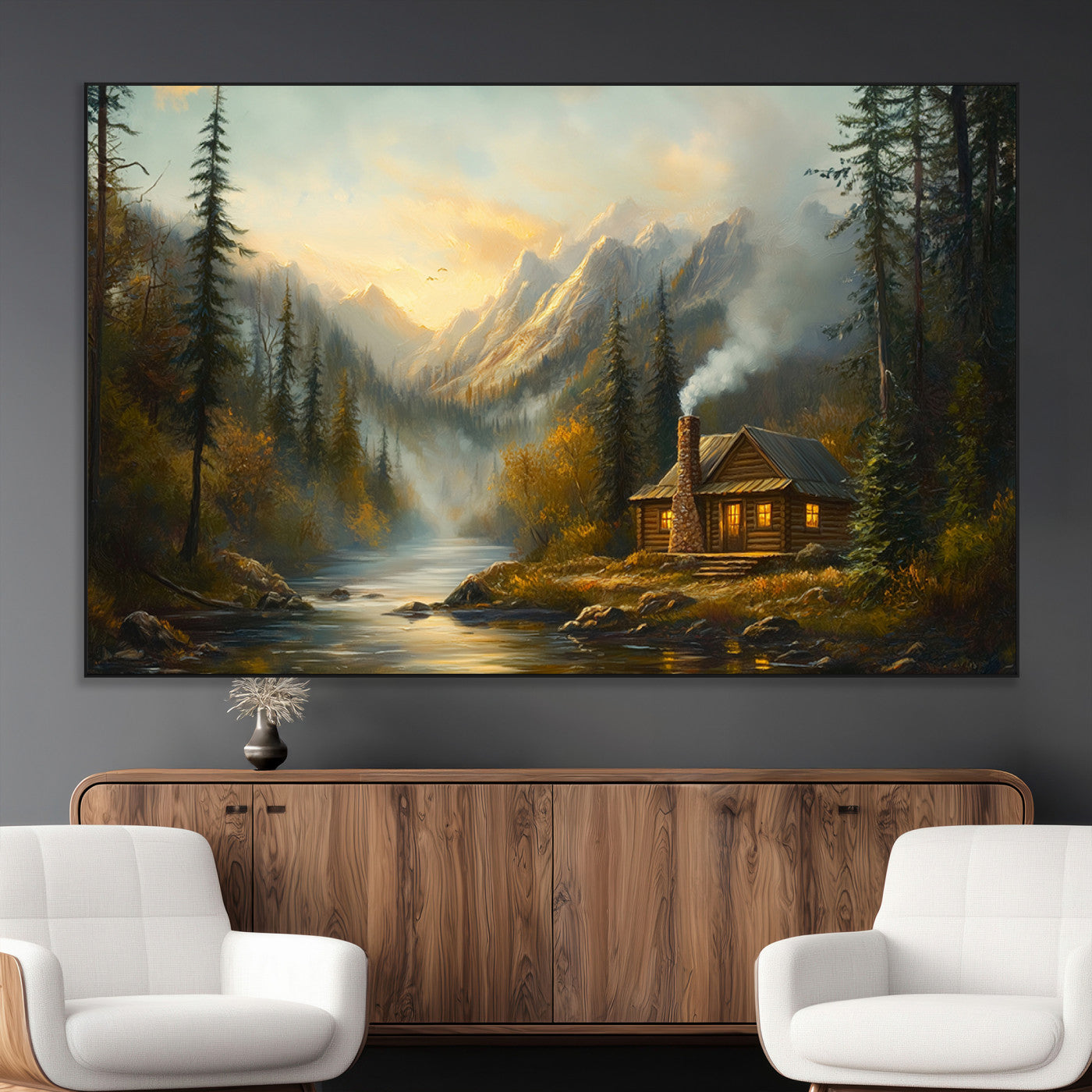 SEG-FC-51X34_Oversize - Wood Cabin Retreat Mountain at Sunset Wall Art Print - Serene Forest and River Landscape Wall Art