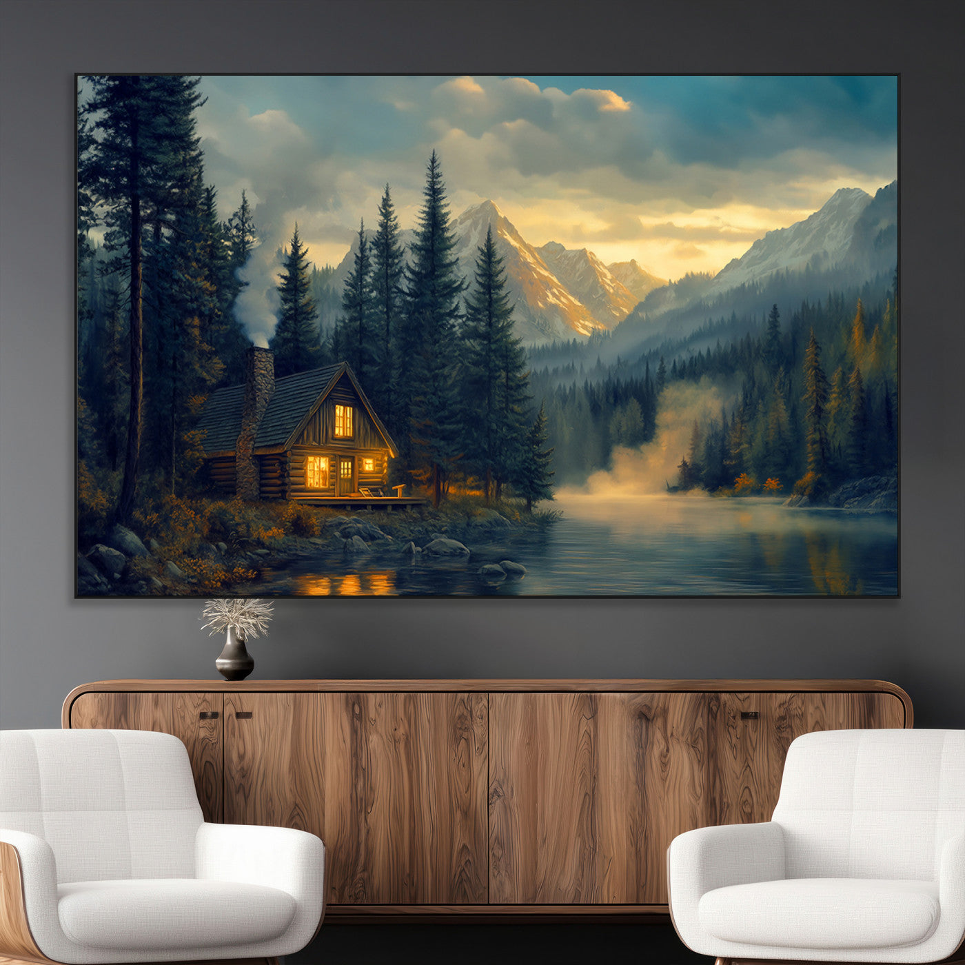 SEG-FC-51X34_Oversize - Mountain Cabin by the Lake at Sunset Wall Art - Serene Nature Canvas Print for Living Room Decor,