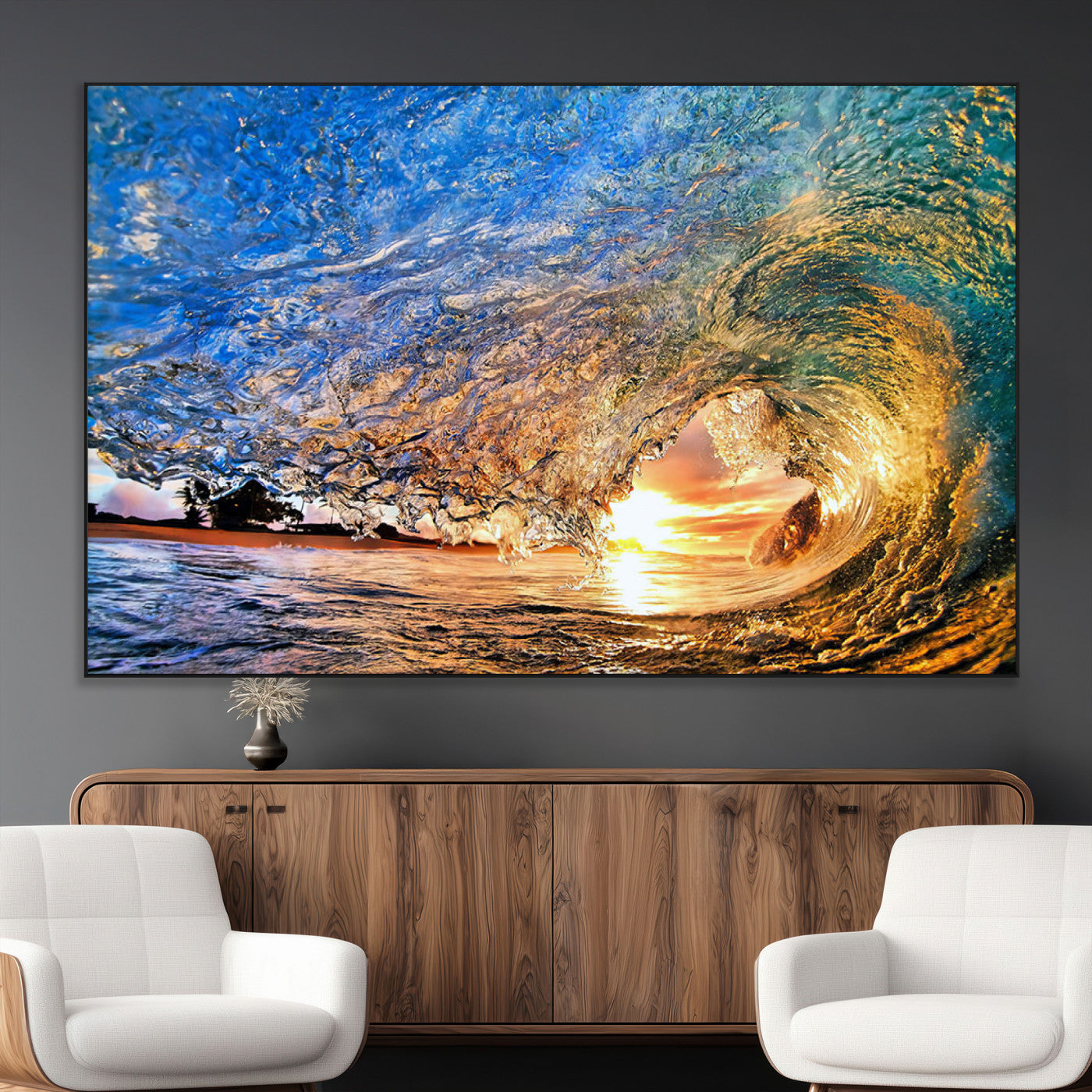 SEG-FC-51X34_Oversize - Ocean Wave at Sunset Canvas Wall Art – Vibrant Coastal Beach Waves Print, Large Nautical Decor,