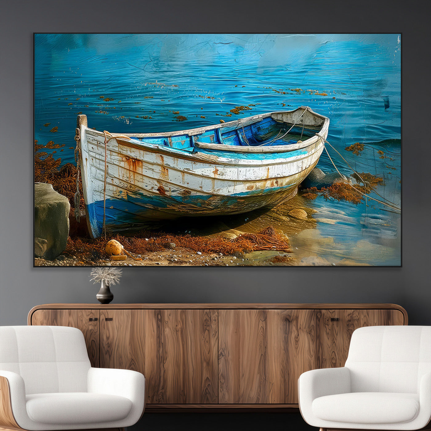 SEG-FC-51X34_Oversize - Vintage Boat on Tranquil Waters | Coastal Wall Art for Nautical Decor | Rustic Triptych Canvas Print