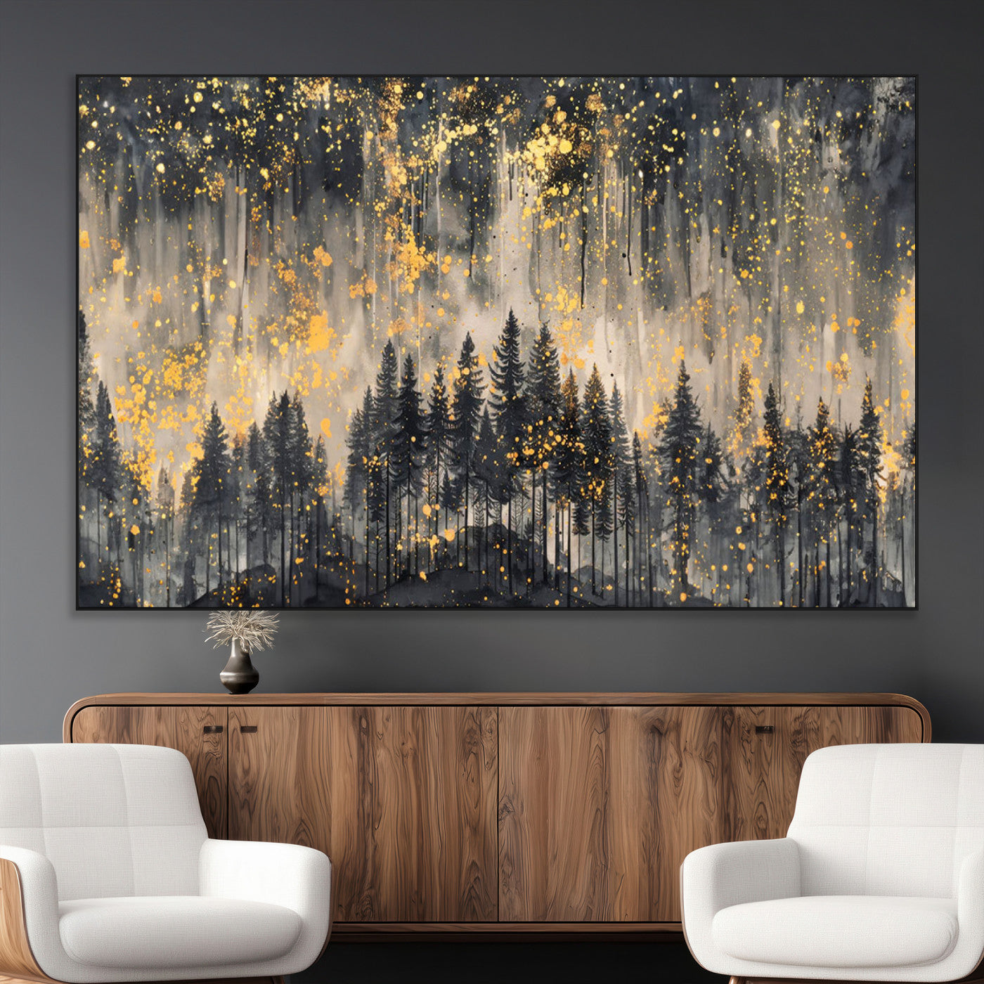 SEG-FC-51X34_Oversize - Golden Forest Abstract Wall Art | Dark Forest with Gold Splatter Accents | Triptych Ready to Hang