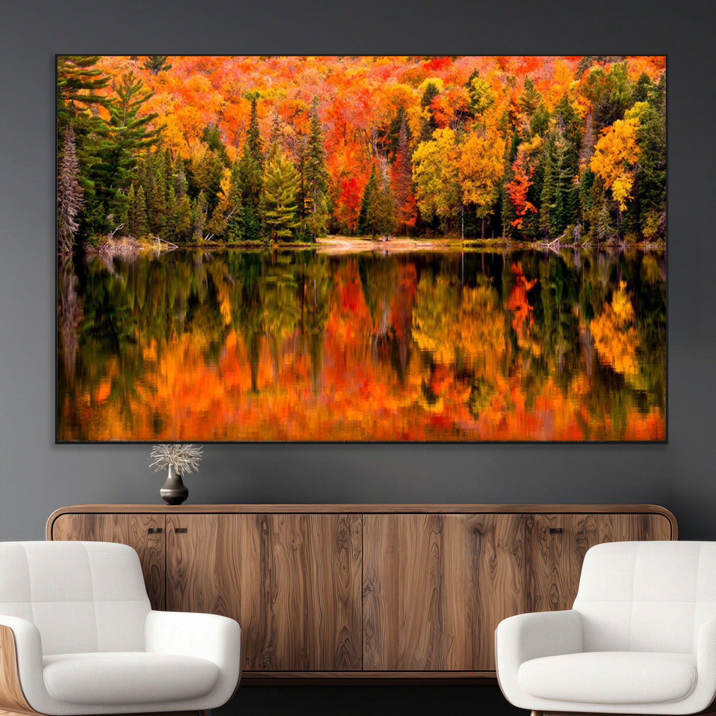SEG-FC-51X34_Oversize - Forest Reflection Art | Autumn Forest Reflection Wall Art | Triptych Canvas Print | Vibrant Fall