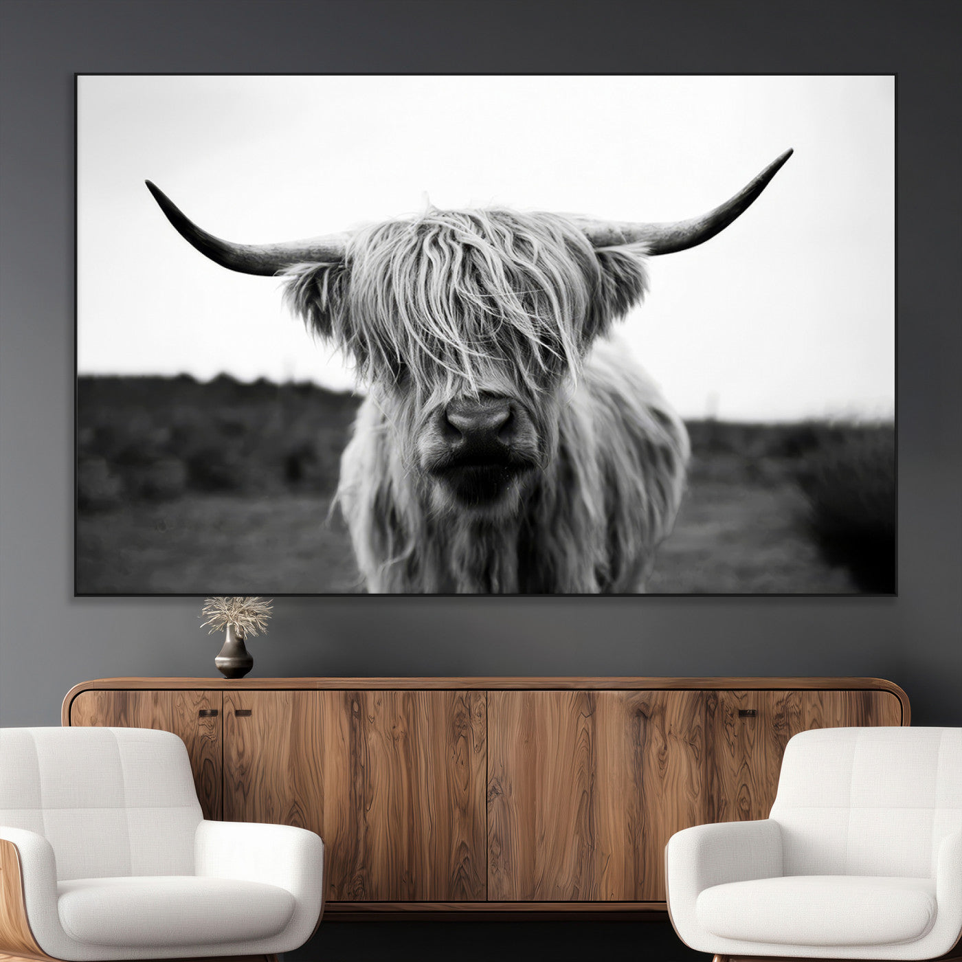 SEG-FC-51X34_Oversize - Highland Cow Wall Art | Black and White Farmhouse Decor | Triptych Canvas Print | Rustic Barn Decor