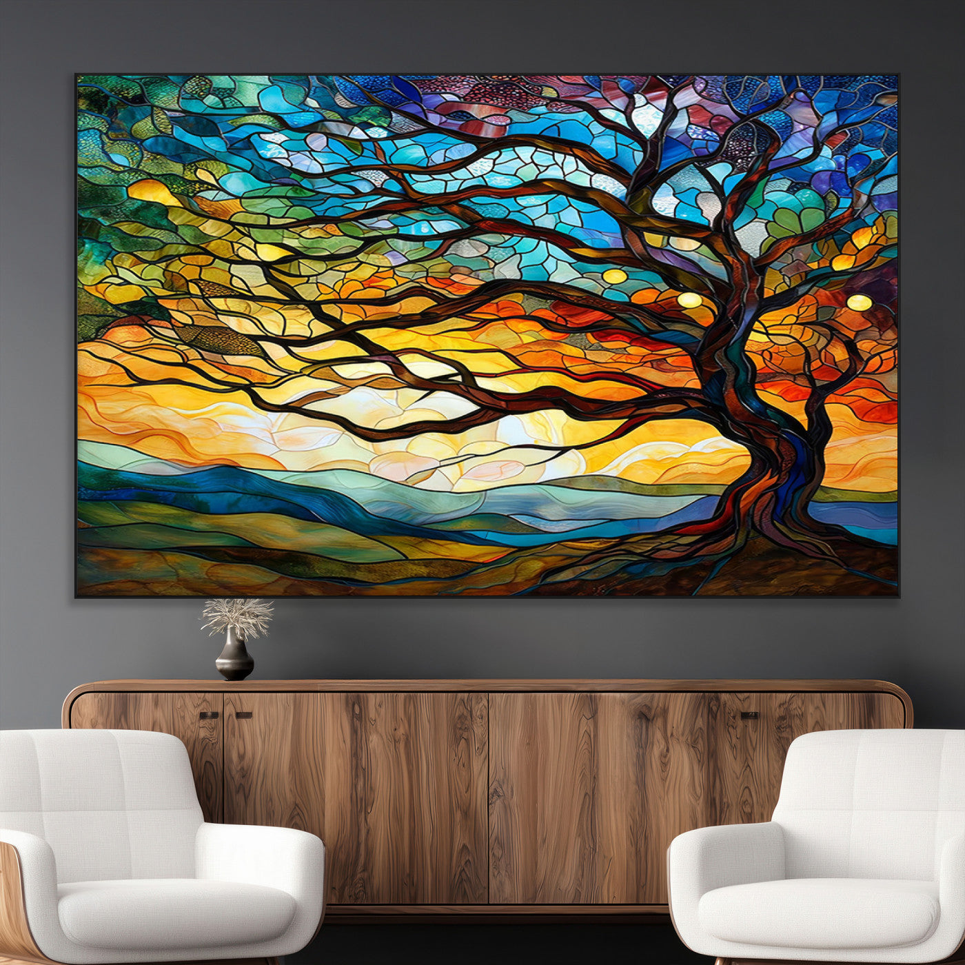 SEG-FC-51X34_Oversize - Vibrant Mosaic Tree of Life Wall Art | Stained Glass Style Canvas Print | Ready to Hang Artistic