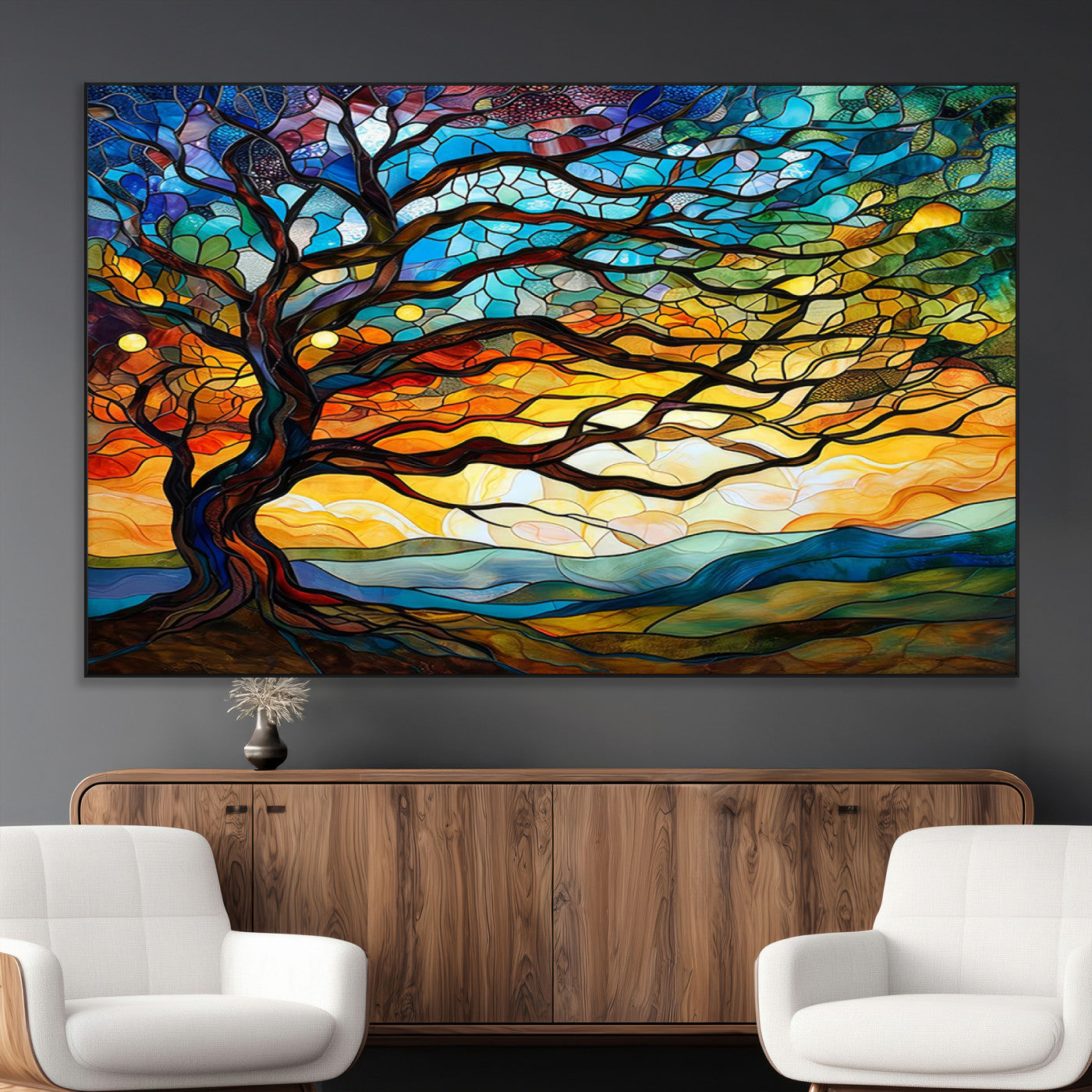 SEG-FC-51X34_Oversize - Mosaic Tree Wall Art | Ready to Hang Stained Glass Style Canvas Print | Farmhouse Wall Decor, Cabin