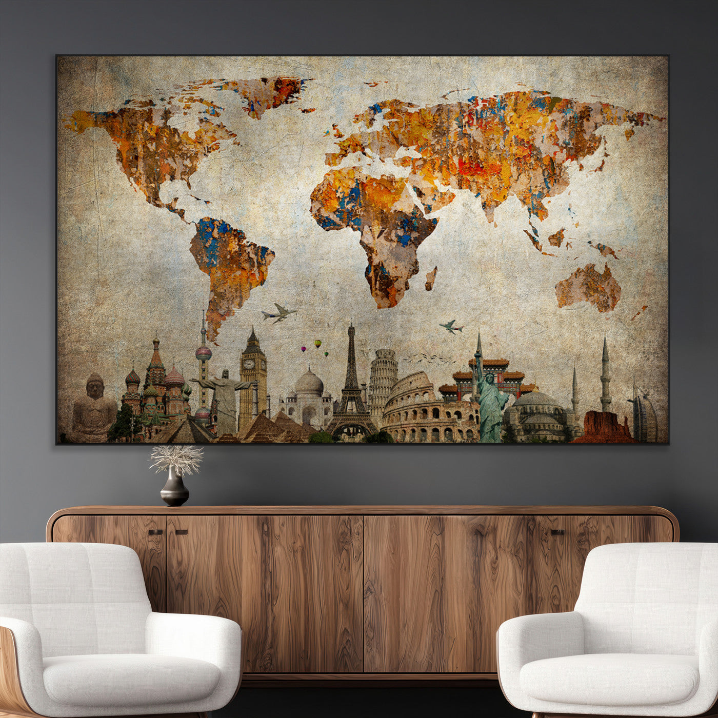 SEG-FC-51X34_Oversize - Push Pin World Map Canvas Print – Framed Wall Art for Couples to Track Their Travels – Anniversary