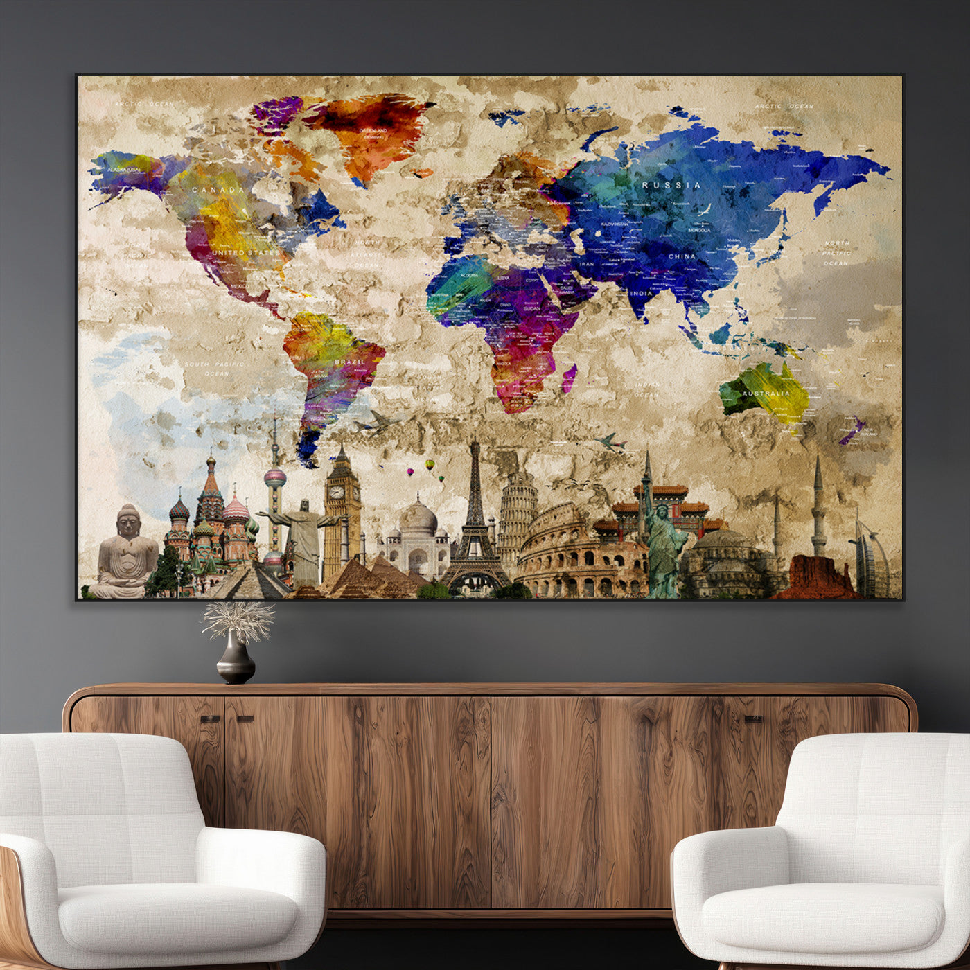 SEG-FC-51X34_Oversize - Push Pin World Map Canvas Print – Framed Wall Art for Couples to Track Their Travels – Anniversary