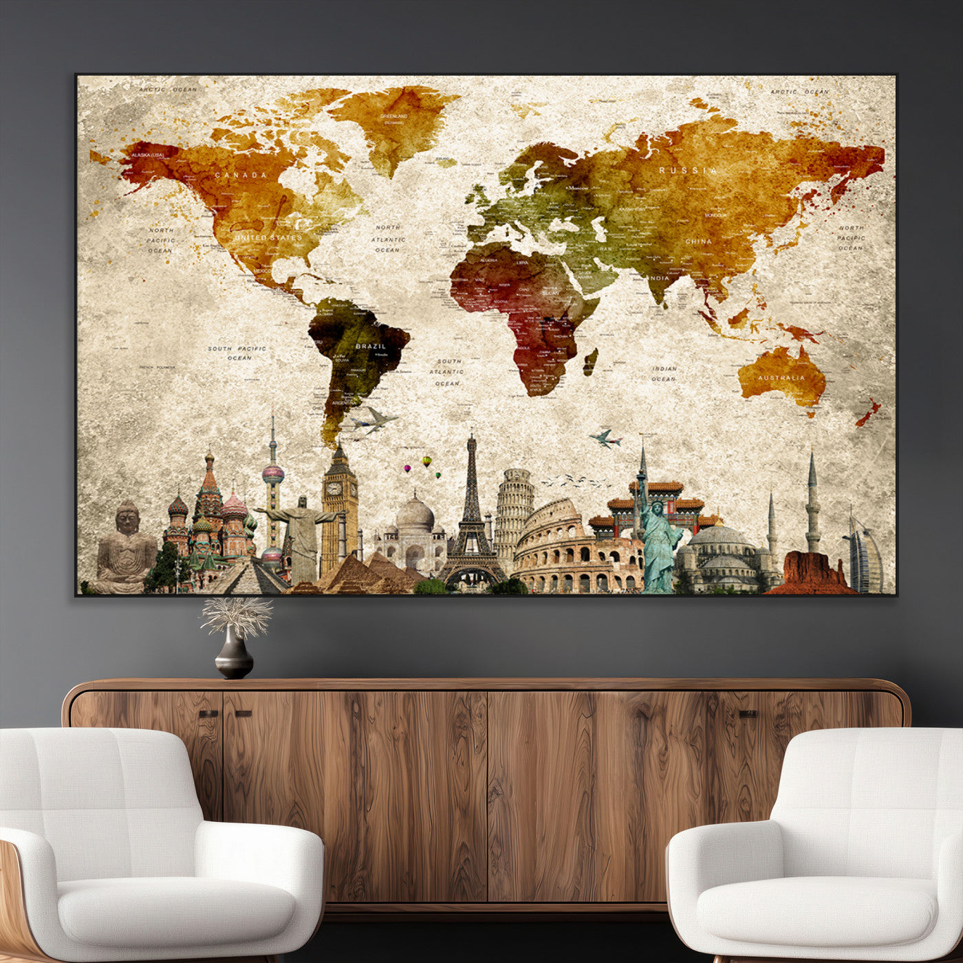 SEG-FC-51X34_Oversize - Push Pin World Map Canvas Print – Framed Wall Art for Couples to Track Their Travels – Anniversary