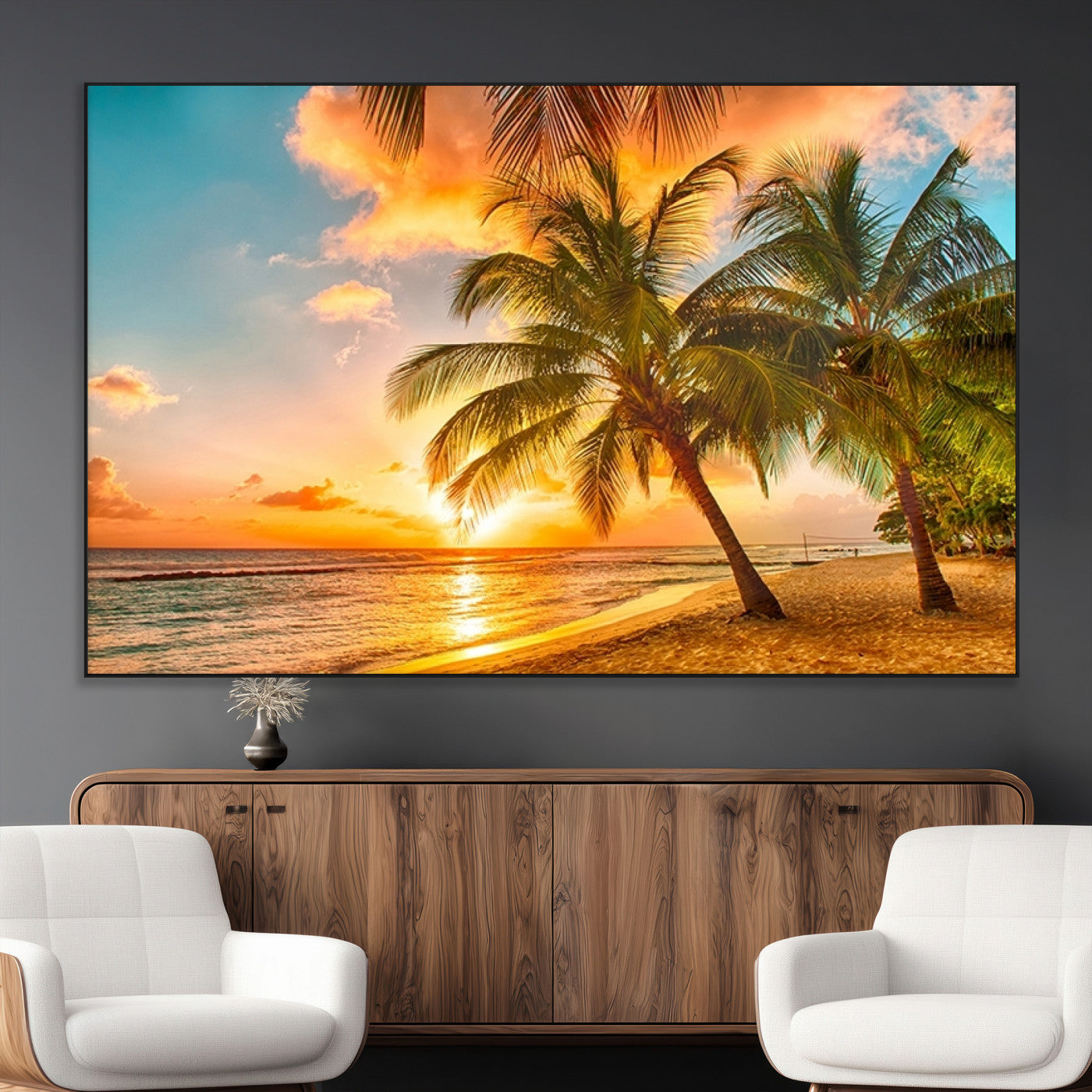 SEG-FC-51X34_Oversize - Tropical Sunset Beach Canvas Wall Art Print – Vibrant Palm Trees and Coastal Sunset Wall Decor for