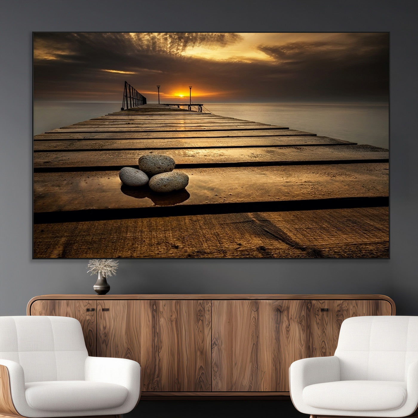 SEG-FC-51X34_Oversize - Stones on Wooden Pier at Sunset Canvas Print, Serene Coastal Wall Art, Beach Sunset Photography,