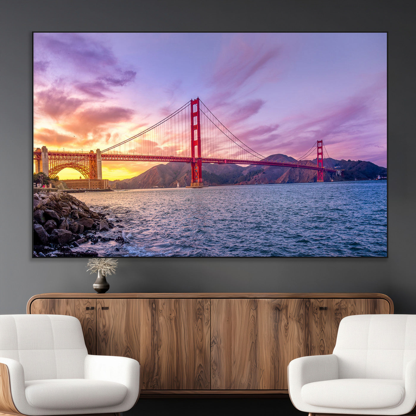 SEG-FC-51X34_Oversize - Golden Gate Bridge Wall Art Print, San Francisco Sunset Canvas Wall Art, Cityscape Canvas Print for