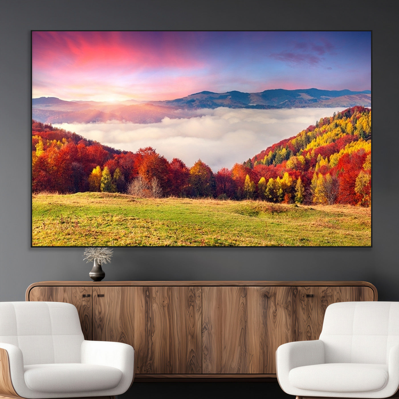 SEG-FC-51X34_Oversize - Autumn Mountain Foggy Landscape Wall Art Canvas Print | Beautiful Forest Canvas Print | Misty