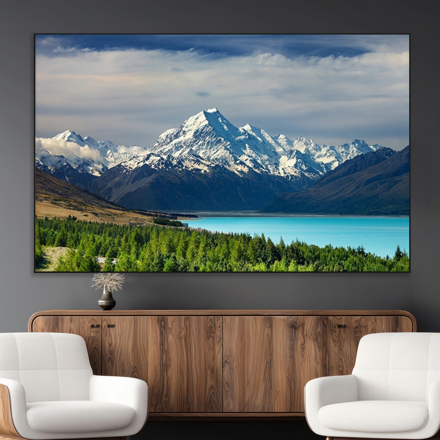 SEG-FC-51X34_Oversize - Mount Cook and Lake Pukaki Canvas Wall Art Print – Majestic Snow-Capped Peaks and Serene Lake Wall