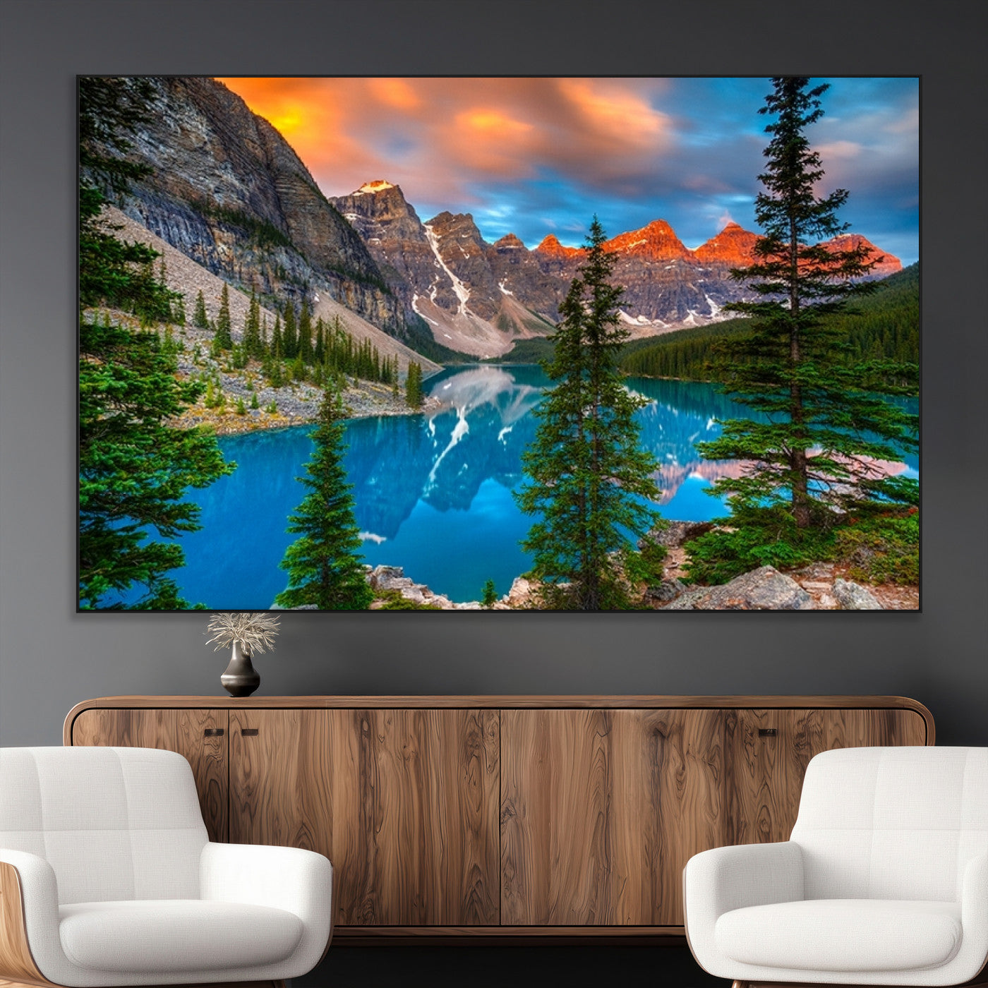 SEG-FC-51X34_Oversize - Canadian Rockies Moraine Lake Wall Art Canvas Print, Pine Trees Mountain Spring Canvas Print