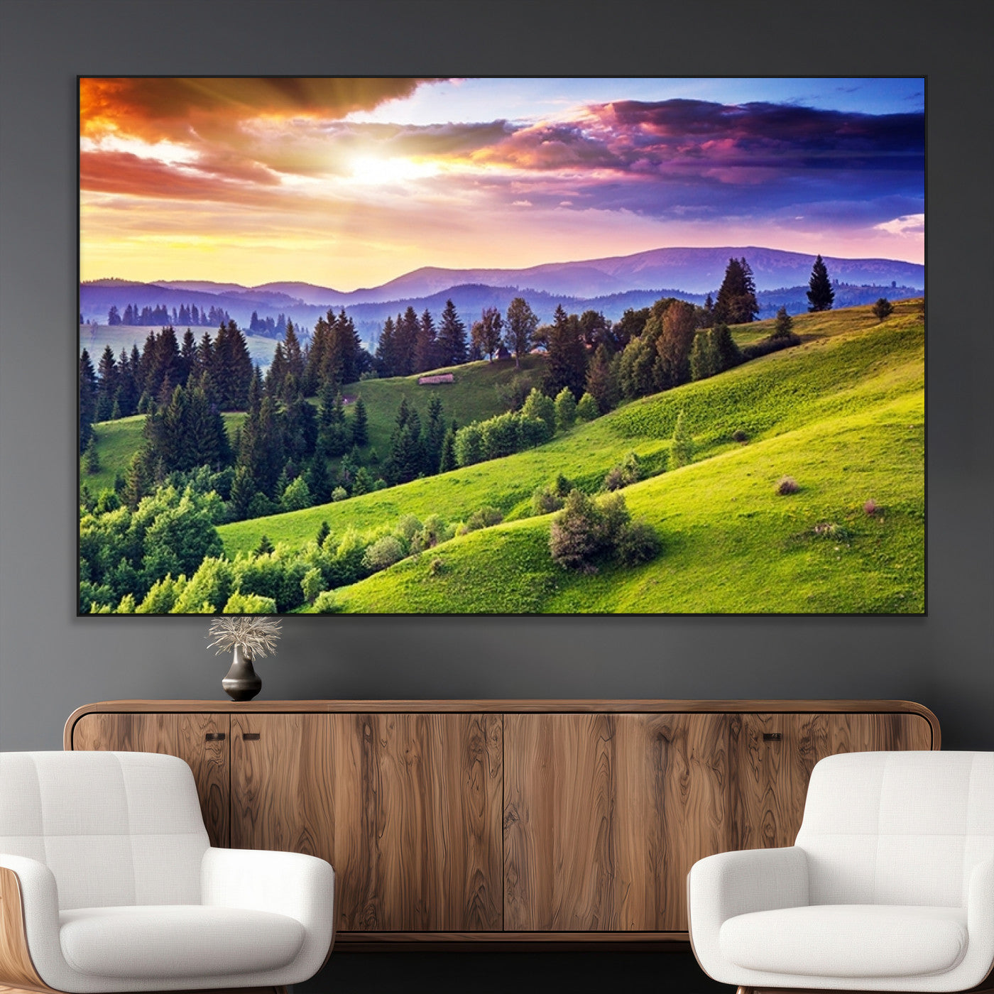 SEG-FC-51X34_Oversize - Green Hills and Sunset Wall Art Print - Scenic Landscape with Lush Greenery and Vibrant Sky, Ready