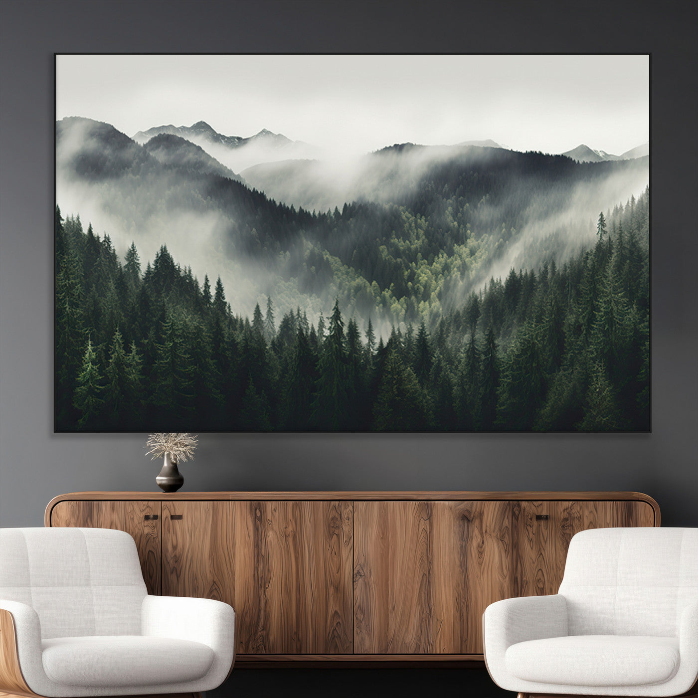 SEG-FC-51X34_Oversize - Misty Forest Canvas Print Wall Art Premium Canvas Print a Foggy and Serene Atmosphere