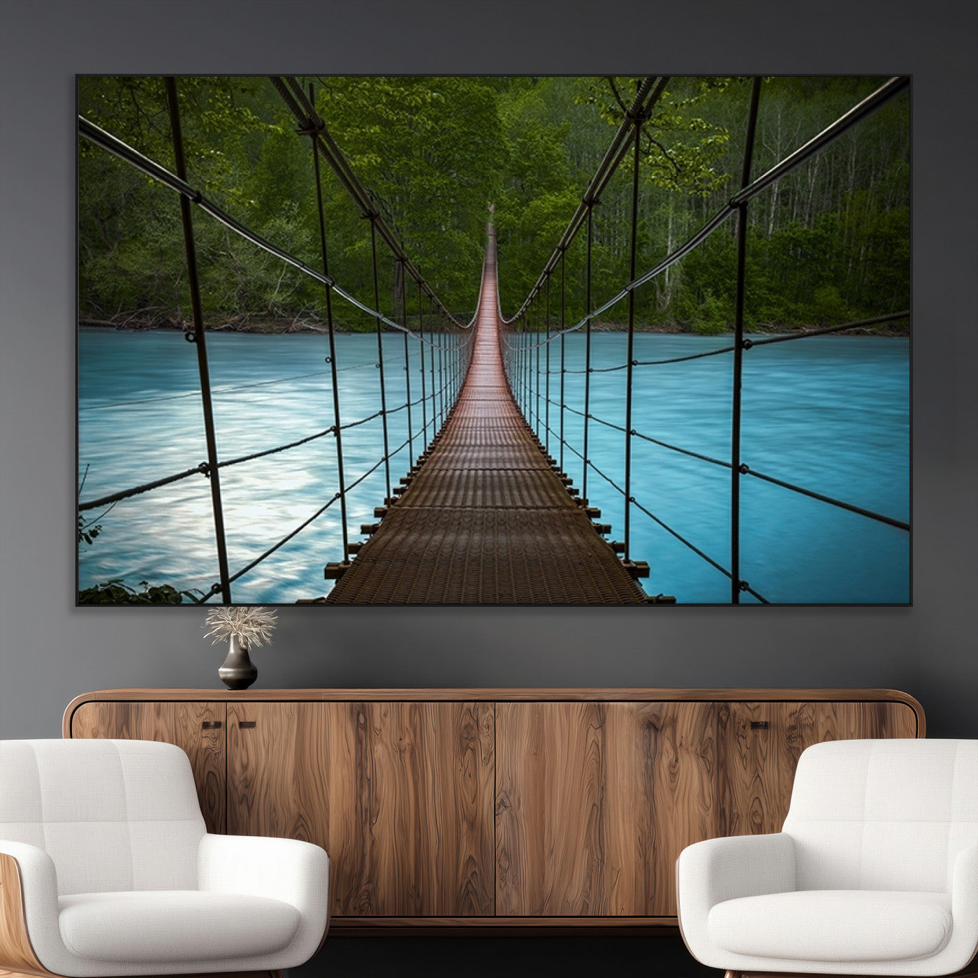 -Suspension Bridge Over River Canvas Art | 3-Panel Nature Photography | Scenic Wall Art for Living
